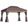 10 x 13ft Aluminum Frame Gazebo Canopy Double Tier Garden Shelter with Netting and Curtains, Coffee