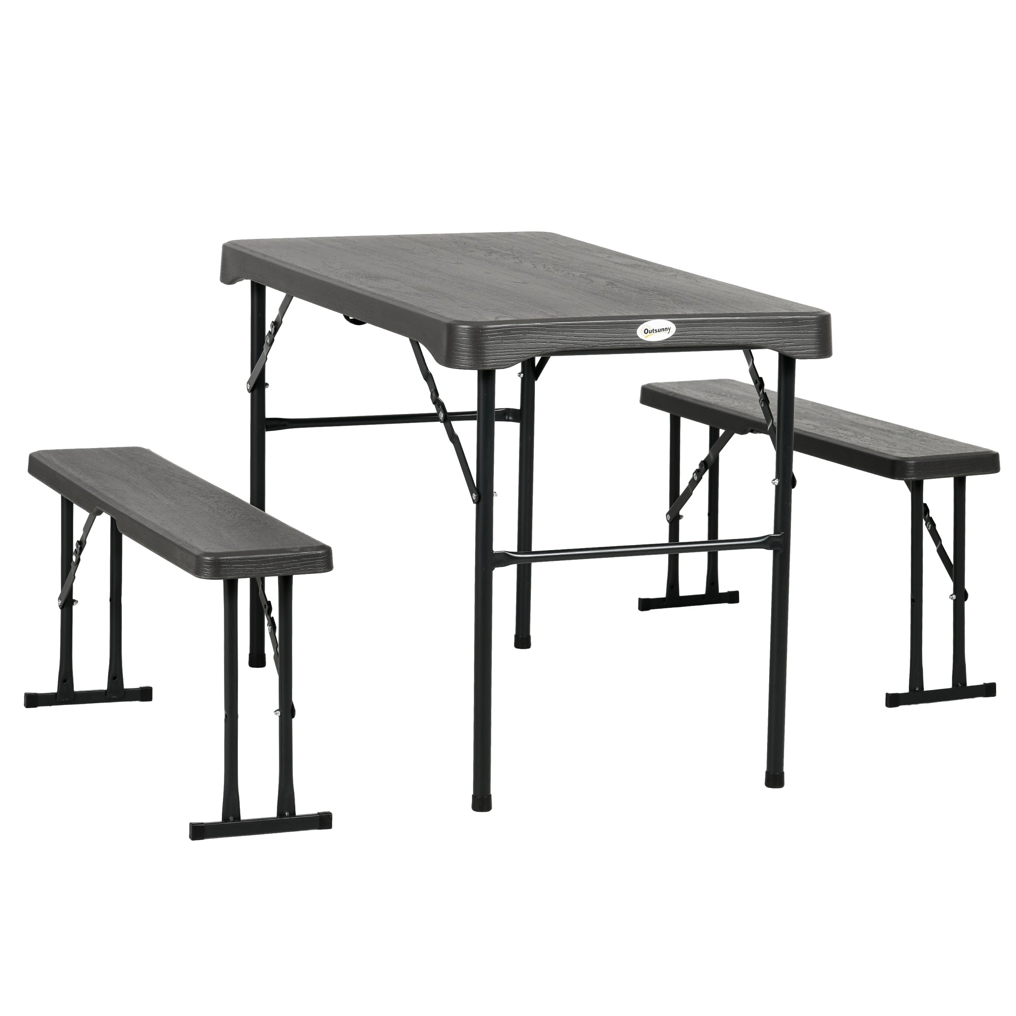 Folding Picnic Table with 2 Benches, 3-Piece Portable Outdoor Picnic Table Bench Set for 4, Patio Dining Table Set with Plastic Top, Steel Frame for Garden, Dark Grey