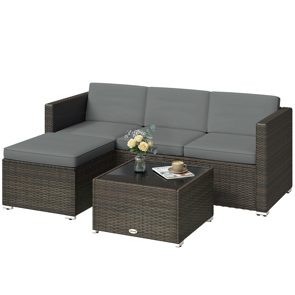 3 Pieces Patio Furniture Set with Cushions, Outdoor PE Rattan Wicker Conversation Corner Sofa Set with Glass Top Table