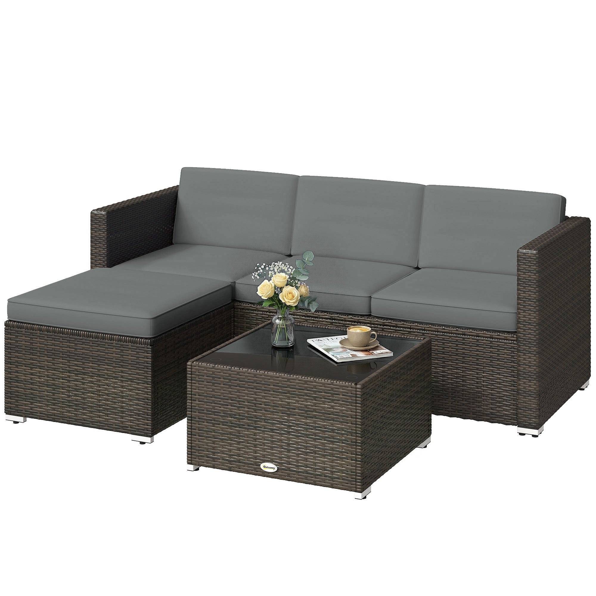 3 Pieces Patio Furniture Set with Cushions, Outdoor PE Rattan Wicker Conversation Corner Sofa Set with Glass Top Table