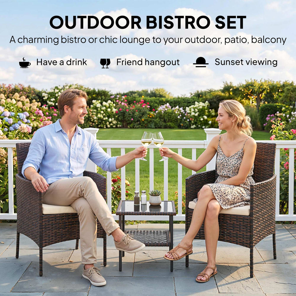 Wicker Bistro Set, 3 Piece Patio Furniture Set with 2-Tier Glass Top Table, Cushions for Balcony, Porch, Khaki