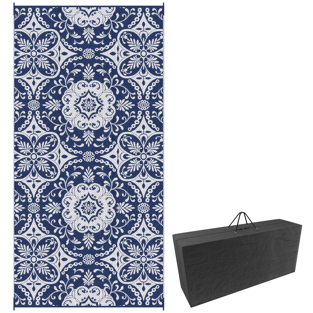 Portable Outdoor Rug with Carry Bag, 9' x 18' Reversible Mat, Waterproof Plastic Straw RV Rug, Blue & White Flower