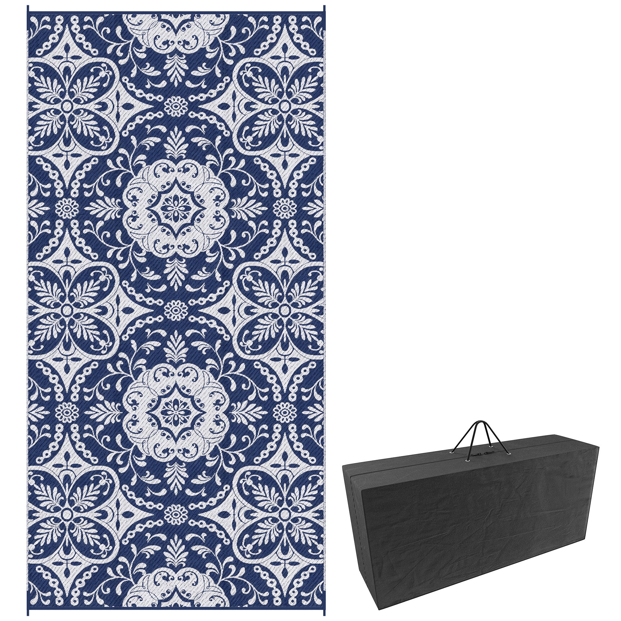 Portable Outdoor Rug with Carry Bag, 9' x 18' Reversible Mat, Waterproof Plastic Straw RV Rug, Blue & White Flower