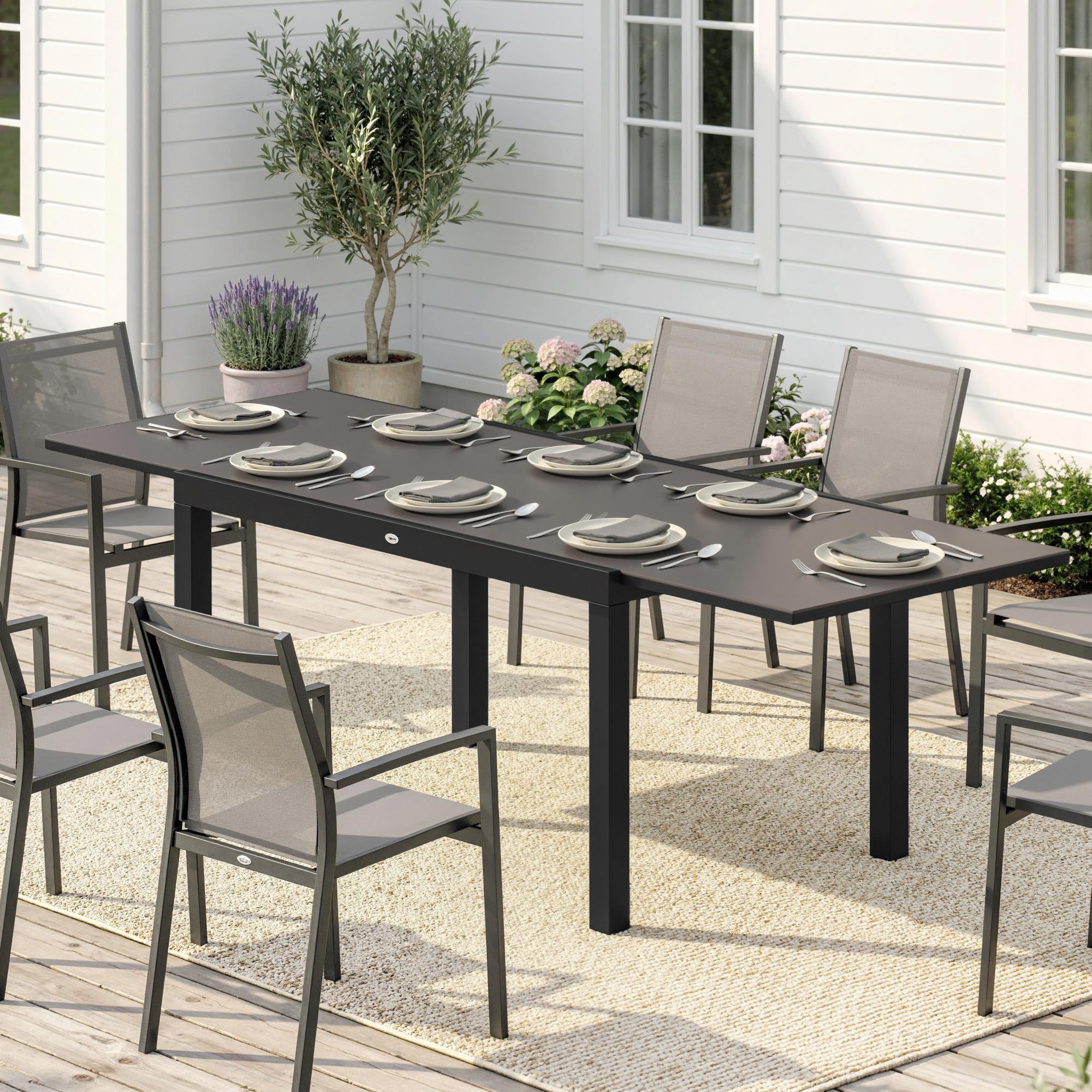 Expandable Outdoor Dining Table, 55"-95" Patio Table with Tempered Glass Top and Aluminum Frame, Black