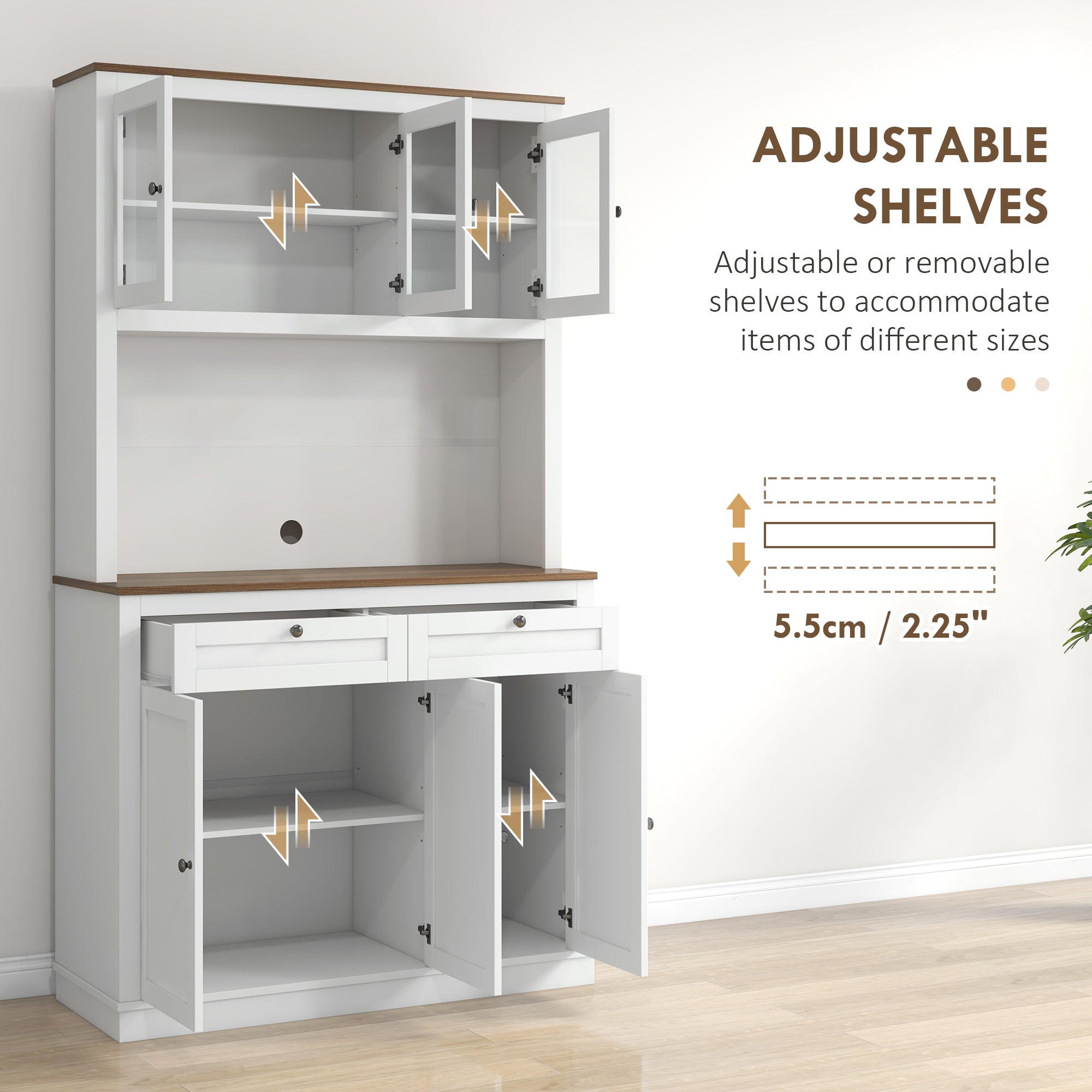 71" Pantry Cabinet with Microwave Space, Kitchen Cabinet with Hutch, 2 Drawers, Adjustable Shelves, Glass Doors, White