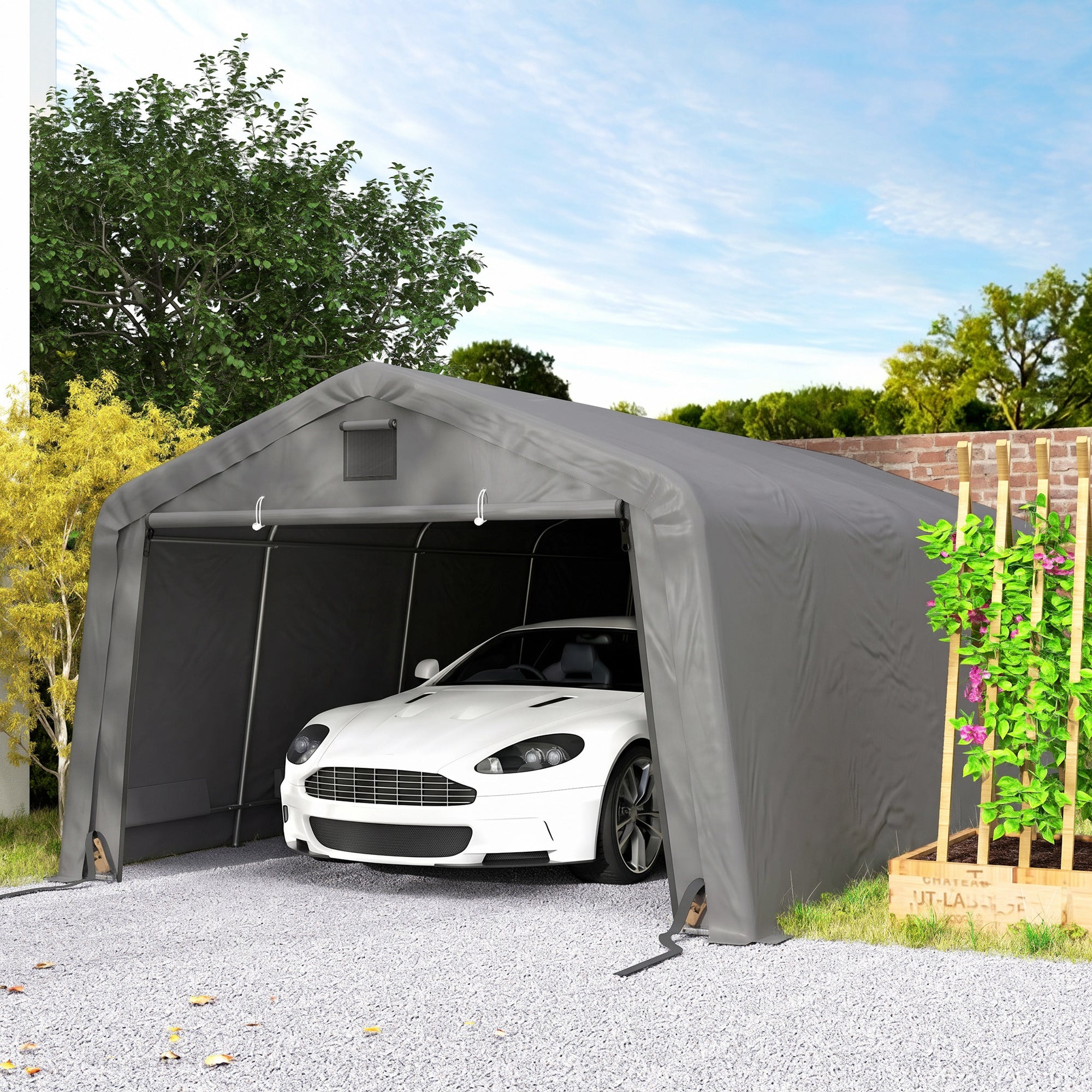 12' x 20' Portable Garage, Heavy Duty Carport Canopy with Ventilation Windows and Large Roll-up Door, Light Grey