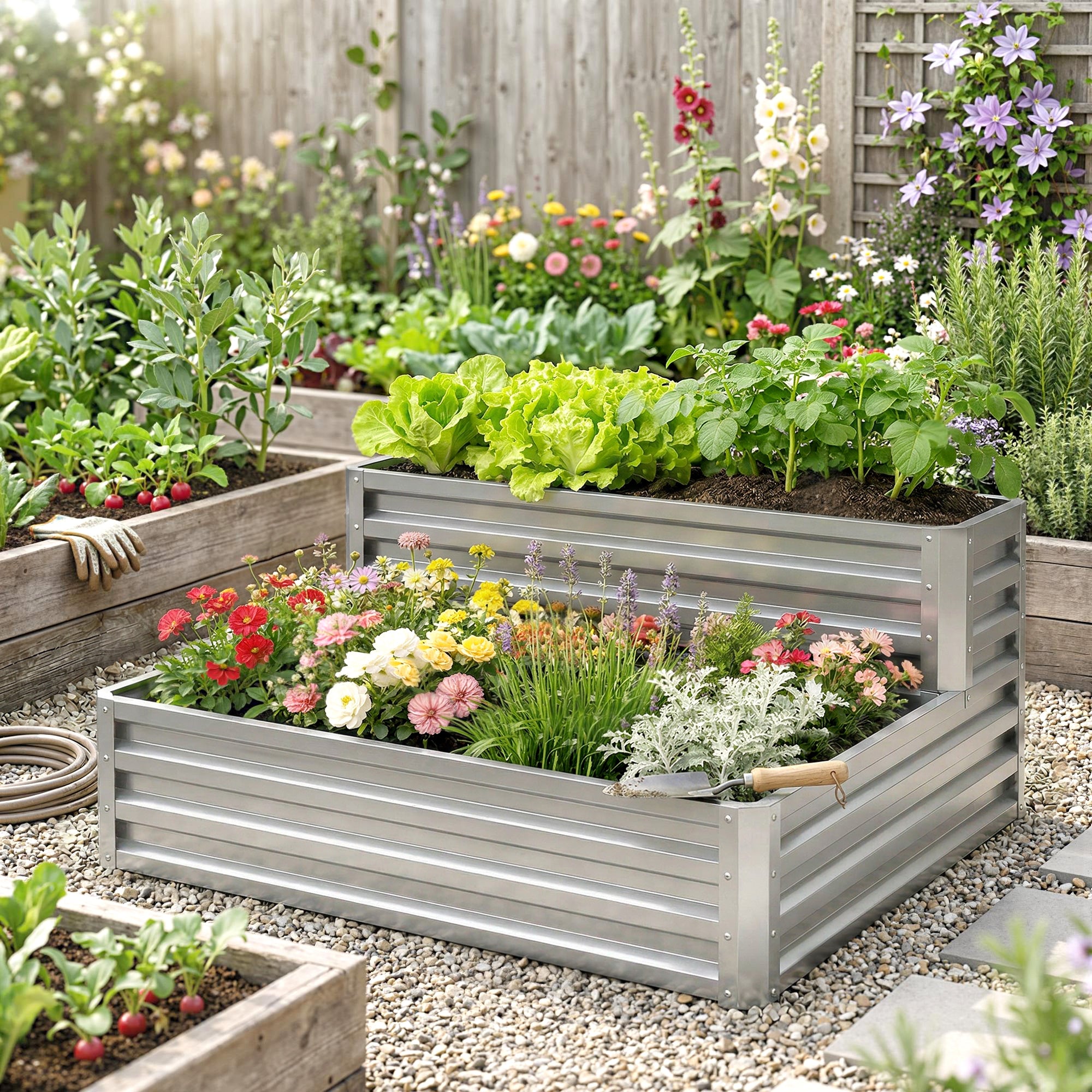 2 Tier Galvanized Raised Garden Bed, Steel Planter Box for Vegetables, Flowers, Herbs, 47" x 40" x 23", Silver