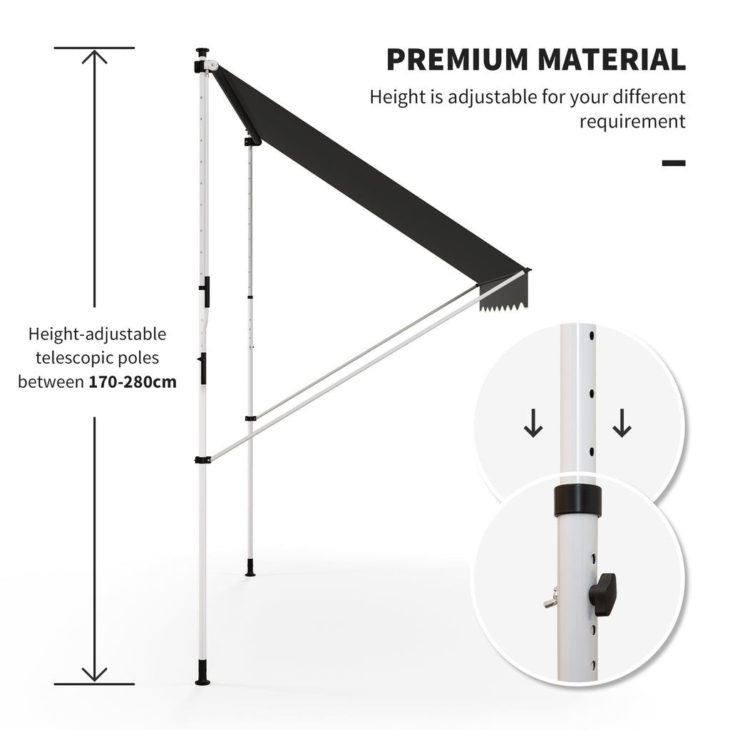 10x5ft Manual Retractable Awning, Patio Sun Shade Canopy Shelter with 5.6-9.2ft Support Pole, Water Resistant UV Protector, for Window, Door, Porch, Deck, Grey