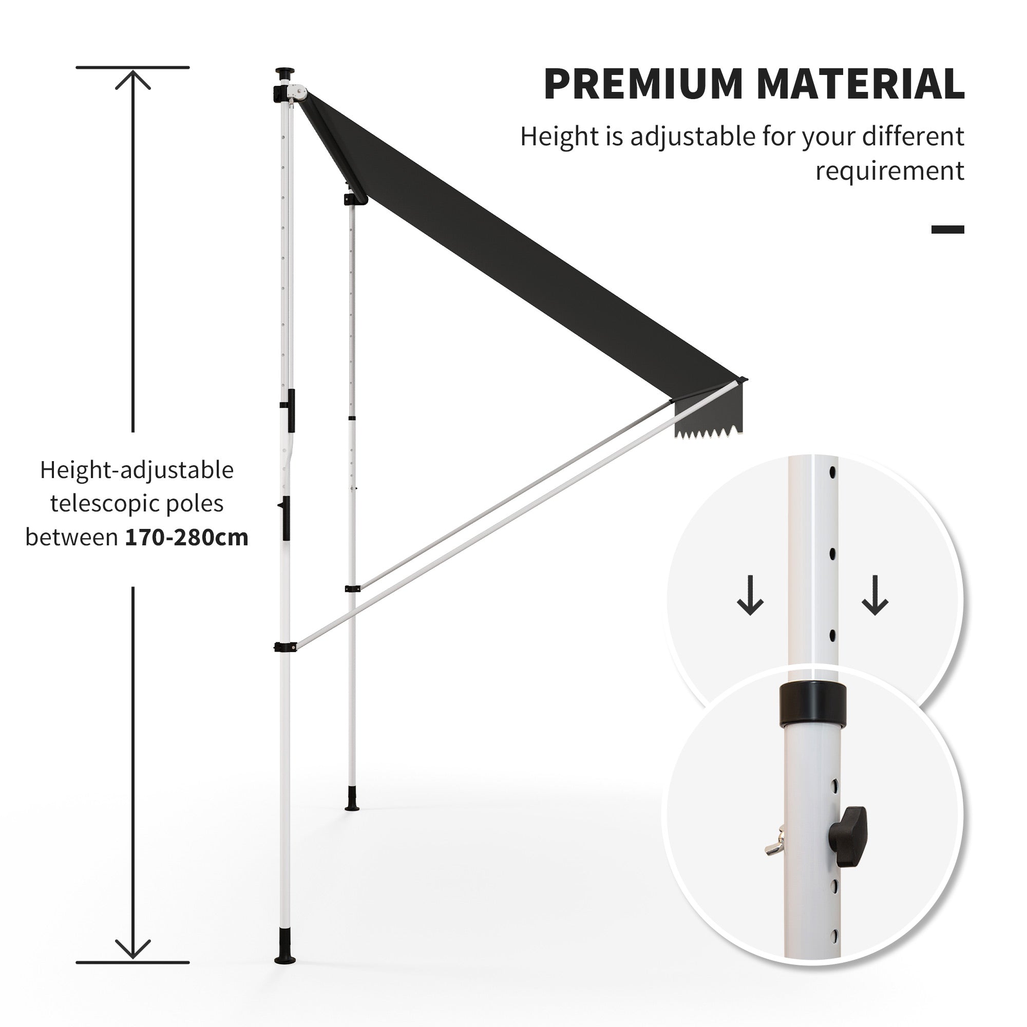 10x5ft Manual Retractable Awning, Patio Sun Shade Canopy Shelter with 5.6-9.2ft Support Pole, Water Resistant UV Protector, for Window, Door, Porch, Deck, Grey