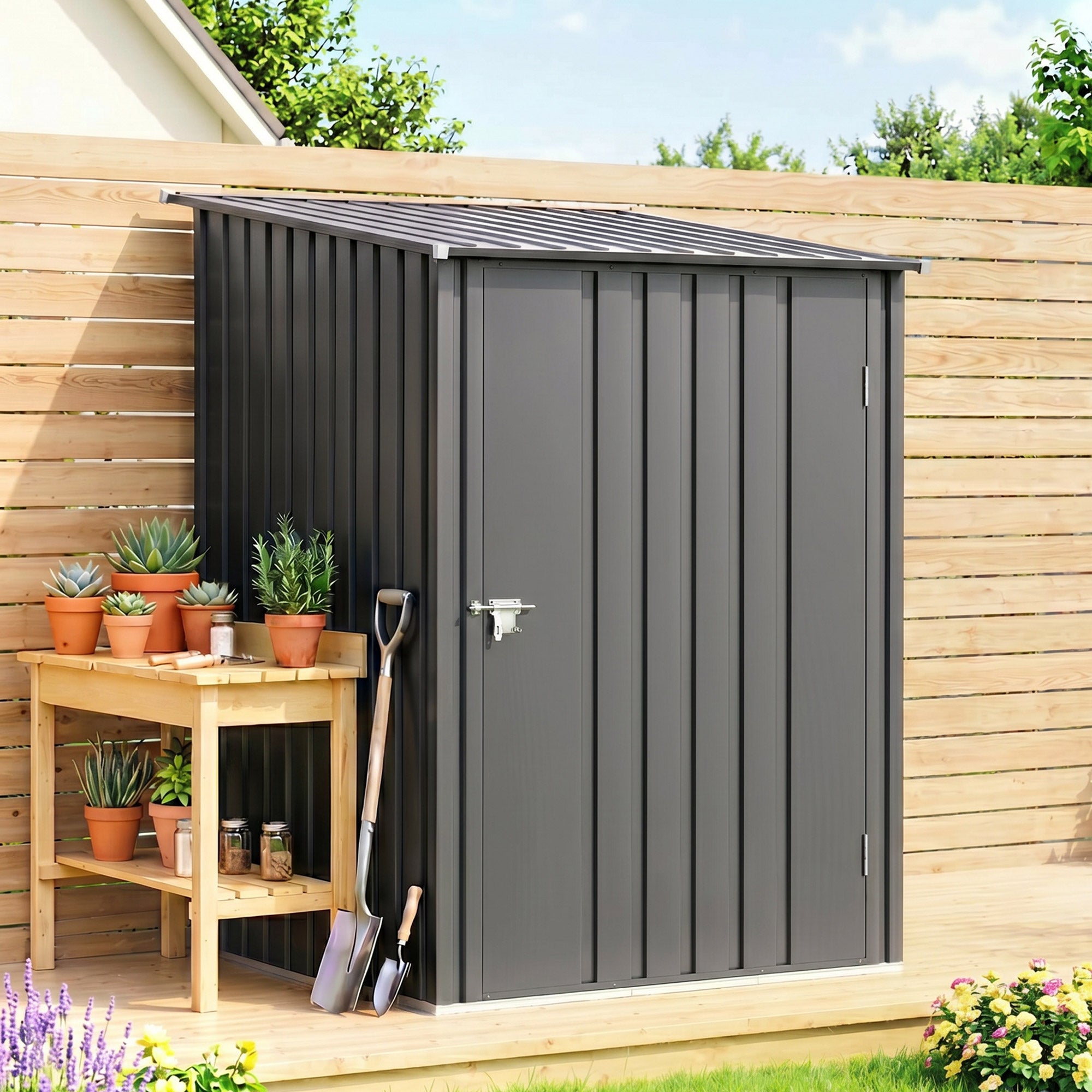 Garden Tool Storage Shed, Small Steel Shed with Lockable Door for Garden & Patio, Galvanized Steel Construction, Dark Gray