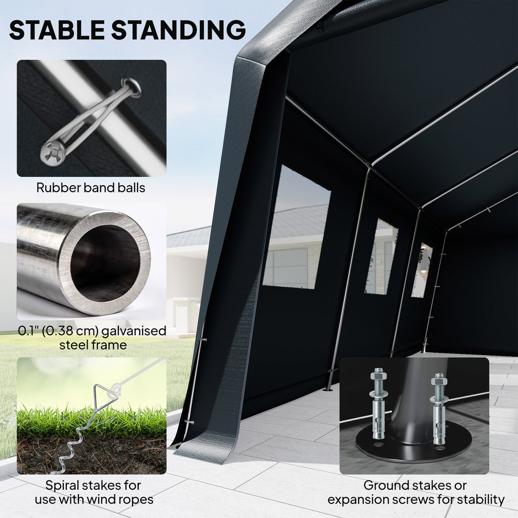 20 x 13 ft Carport, Portable Garage with Roll-Up Door and Windows, PE Canopy, Steel Frame, Dark Grey