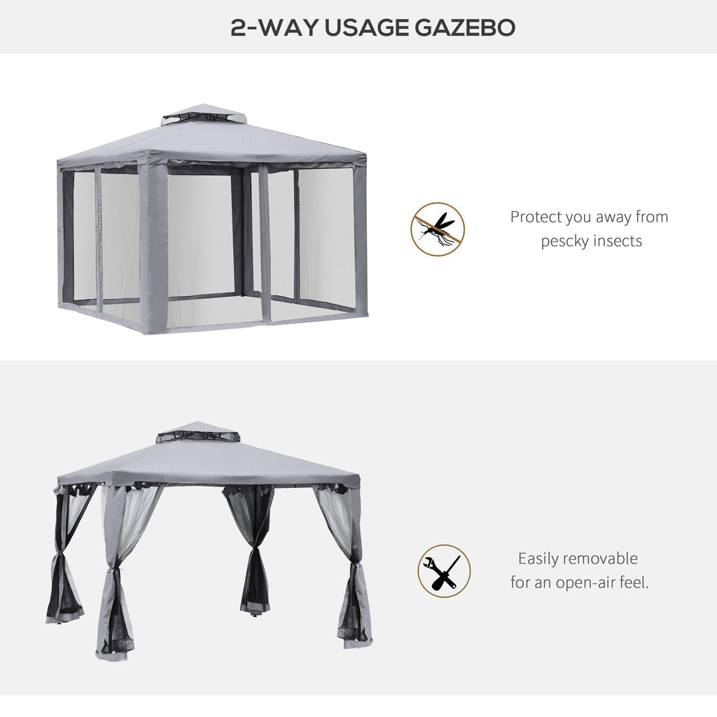 10' x 10' Patio Gazebo Pavilion, 2-Tier Roof Canopy Outdoor Event Tent with Steel Frame and Mosquito Netting for Garden, Yard and Sun Shade Use, Grey
