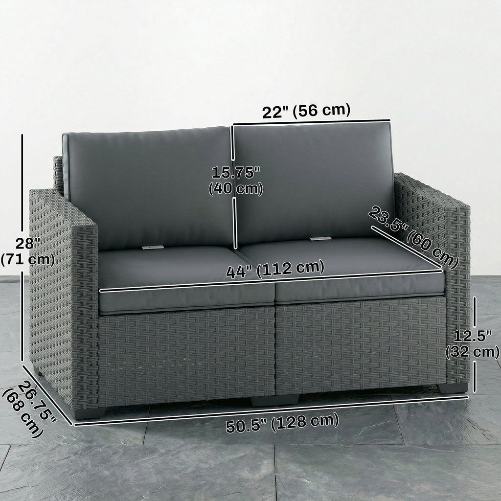 2 Seater Outdoor Couch Patio Sofa with Deep Seat, Cushions, Wide Armrests for Garden, Balcony, Porch, Dark Grey