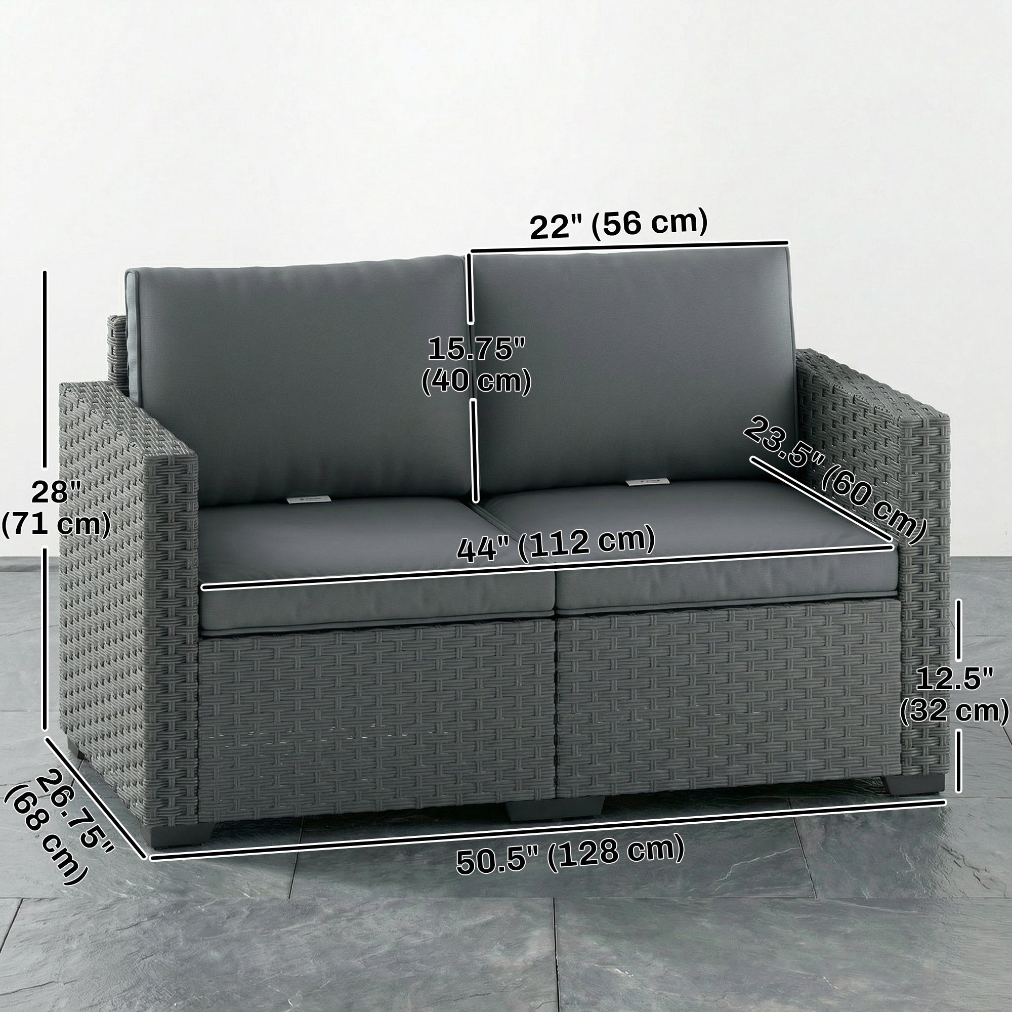 2 Seater Outdoor Couch Patio Sofa with Deep Seat, Cushions, Wide Armrests for Garden, Balcony, Porch, Dark Grey