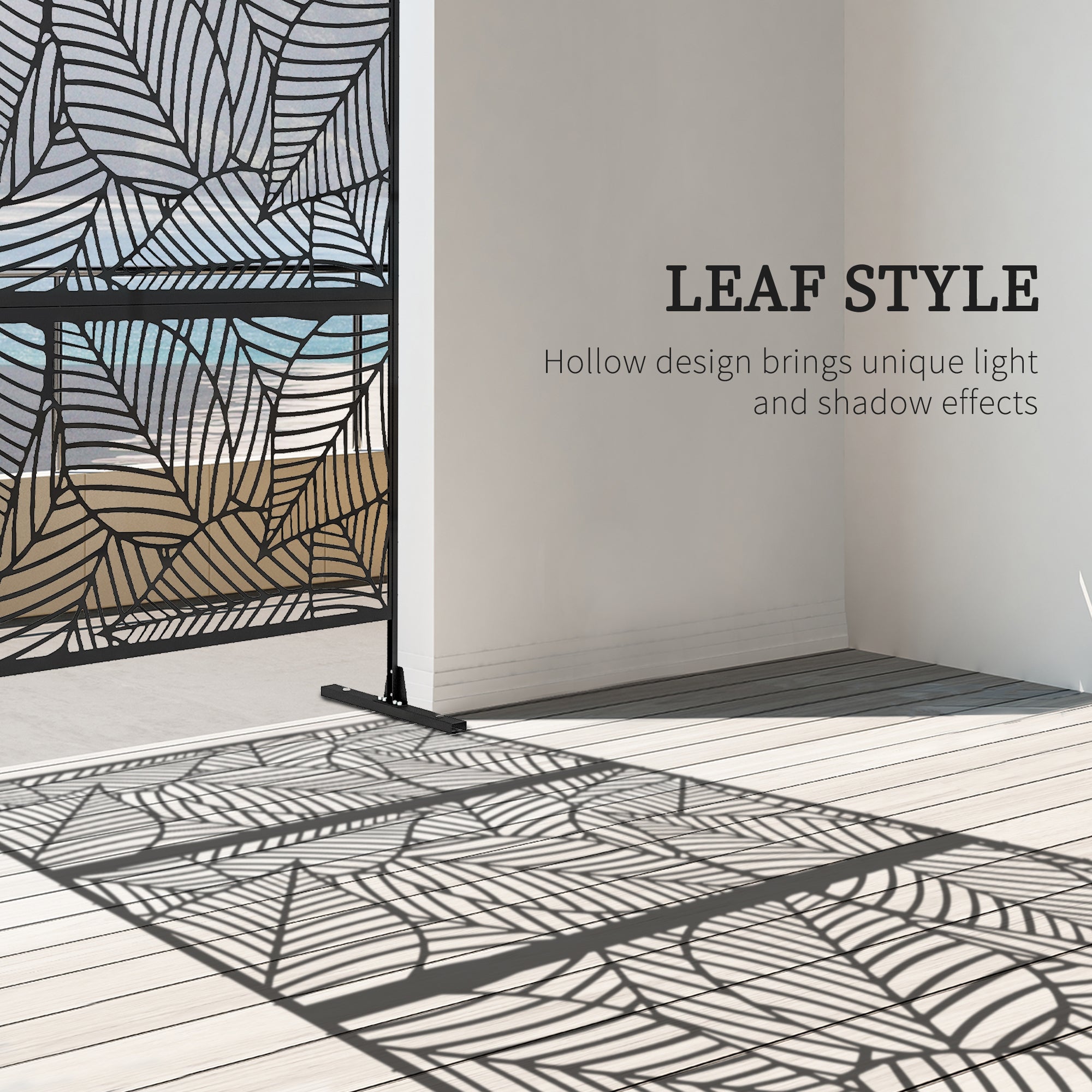 6.5FT Decorative Outdoor Divider, Metal Privacy Screen with Stand, Large Leaf Style, Black