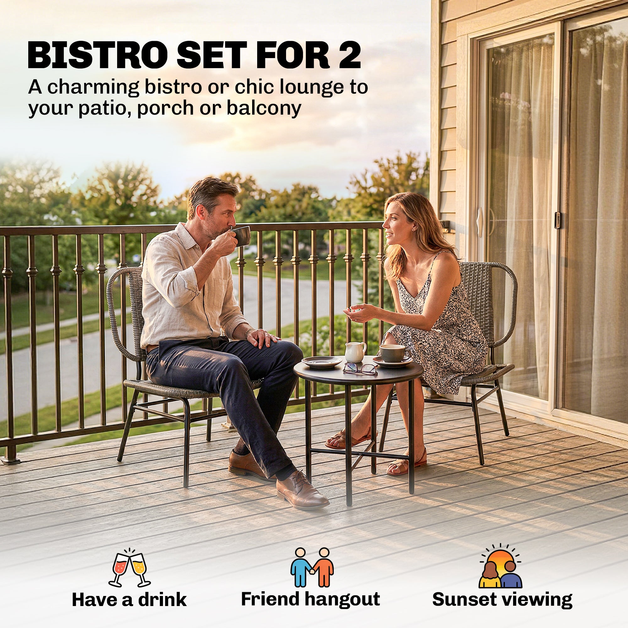 3 Piece Wicker Patio Furniture Set, Outdoor Bistro Set with Steel Table, Rattan Outdoor Conversation Furniture, Grey