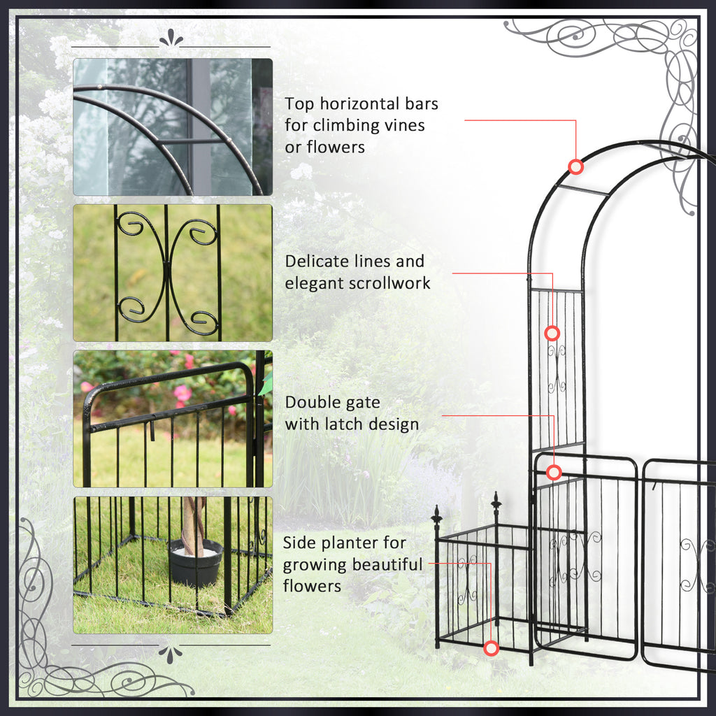 7.2FT Metal Garden Arch with Gate, 2 Side Planter Baskets, Garden Arbor Archway Trellis for Roses and Climbing Plants, Black