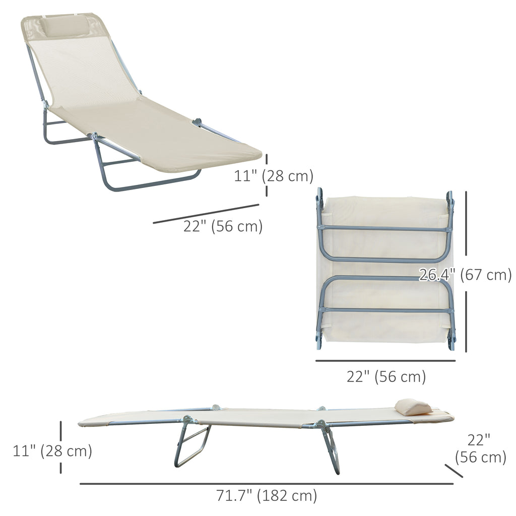 Outdoor Lounge Chair, Portable Adjustable Reclining Seat Folding Chaise Lounge Patio Camping Beach Tanning Chair Bed with Pillow, Beige
