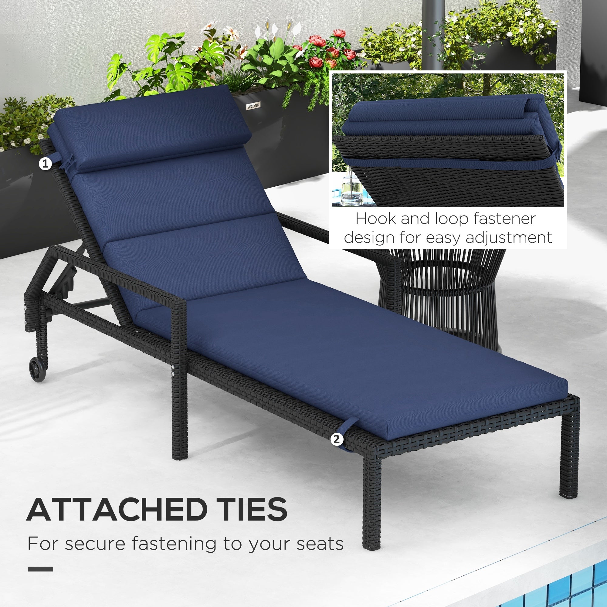 Patio Chaise Lounge Chair Cushion Replacement Sun Lounger Pads with Headrest and Ties, Dark Blue