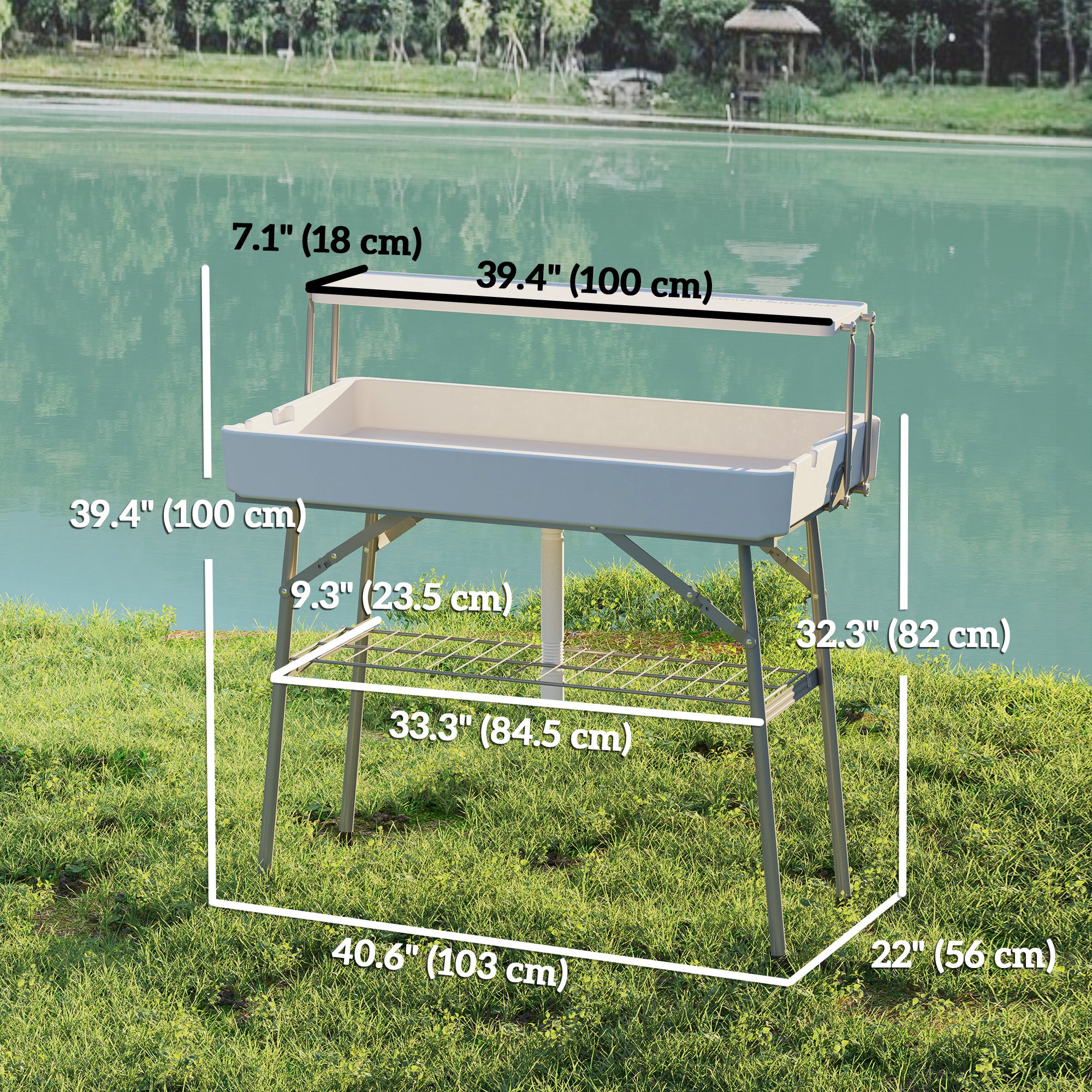 3.5ft Folding Ice Cooler Table with Drain, 2-Tier Outdoor Patio Party Cooler, Fishing Cleaning Table with Storage Shelf for Picnic BBQ Camping Wedding, White