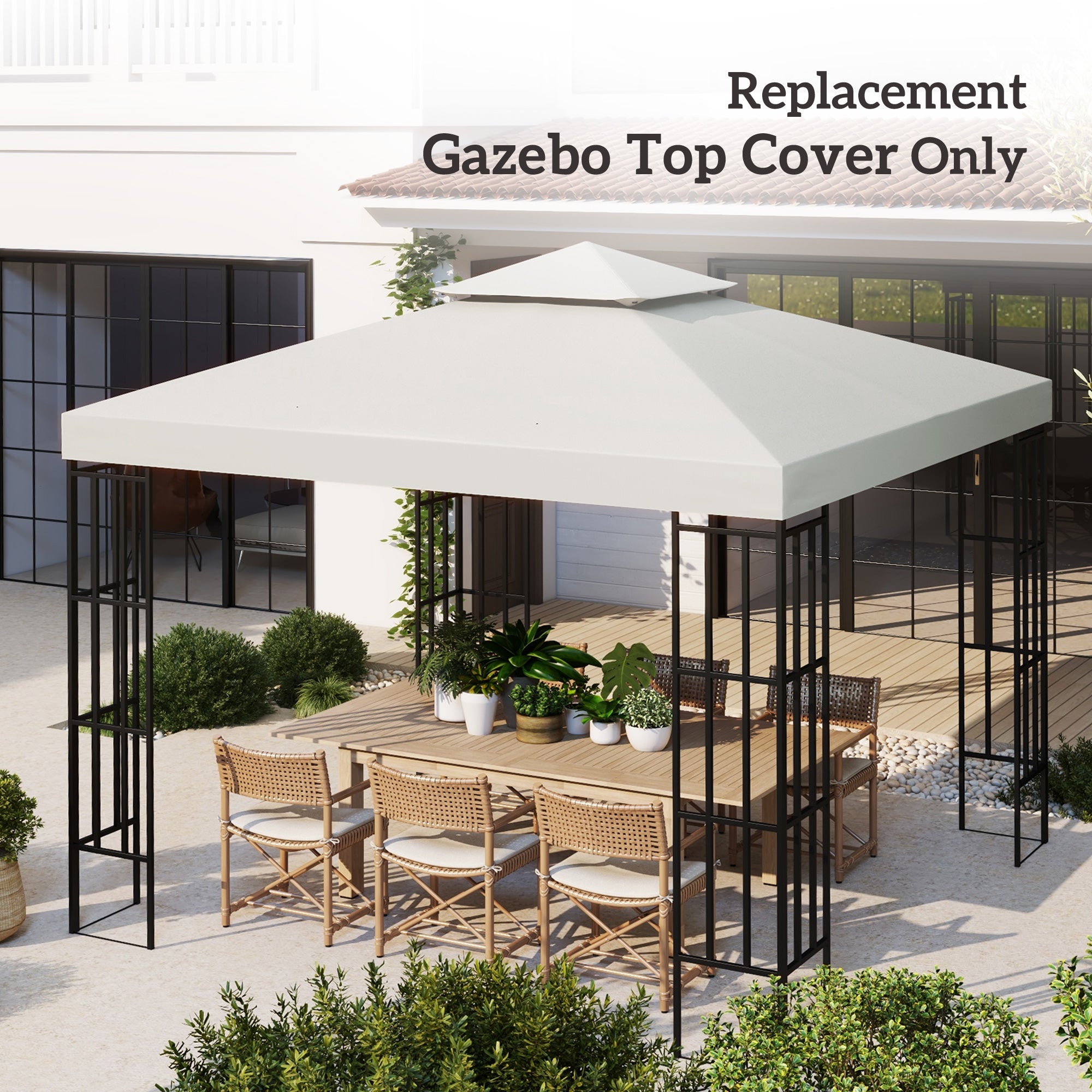 10' x 10' Square 2-Tier Gazebo Canopy Replacement Top Cover Outdoor Garden Sun Shade, Cream White