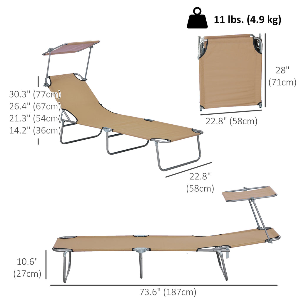 Outdoor Lounge Chair, Adjustable Folding Chaise Lounge with Sun Shade for Beach, Camping, Hiking, Brown