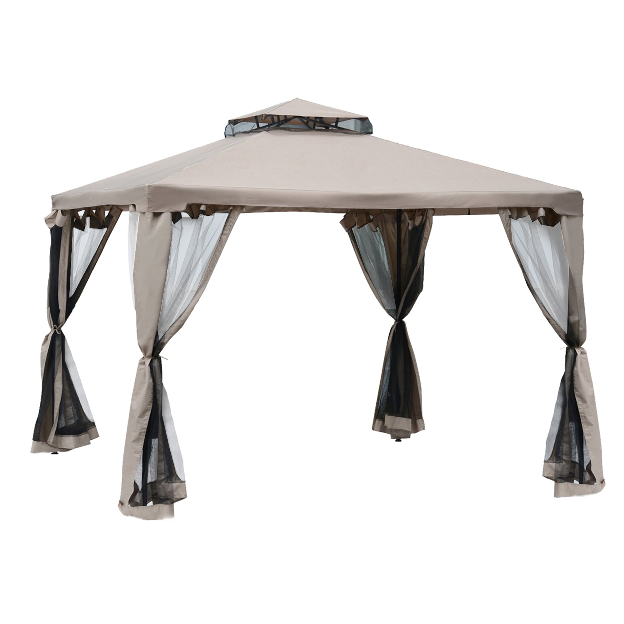 10' x 10' Patio Gazebo Pavilion, 2-Tier Roof Canopy Outdoor Event Party Tent with Steel Frame for Garden, Yard and Sun Shade Use, Brown