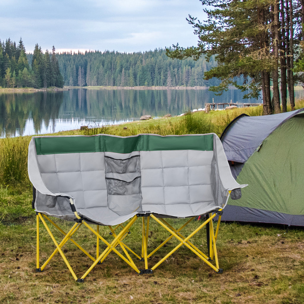 62" W Double Seat Camping Chair Folding Lawn Loveseat w/ Storage Pocket & Cup Holder Compact in a Bag for Outdoor, Beach, Picnic, Hiking, Travel, Green