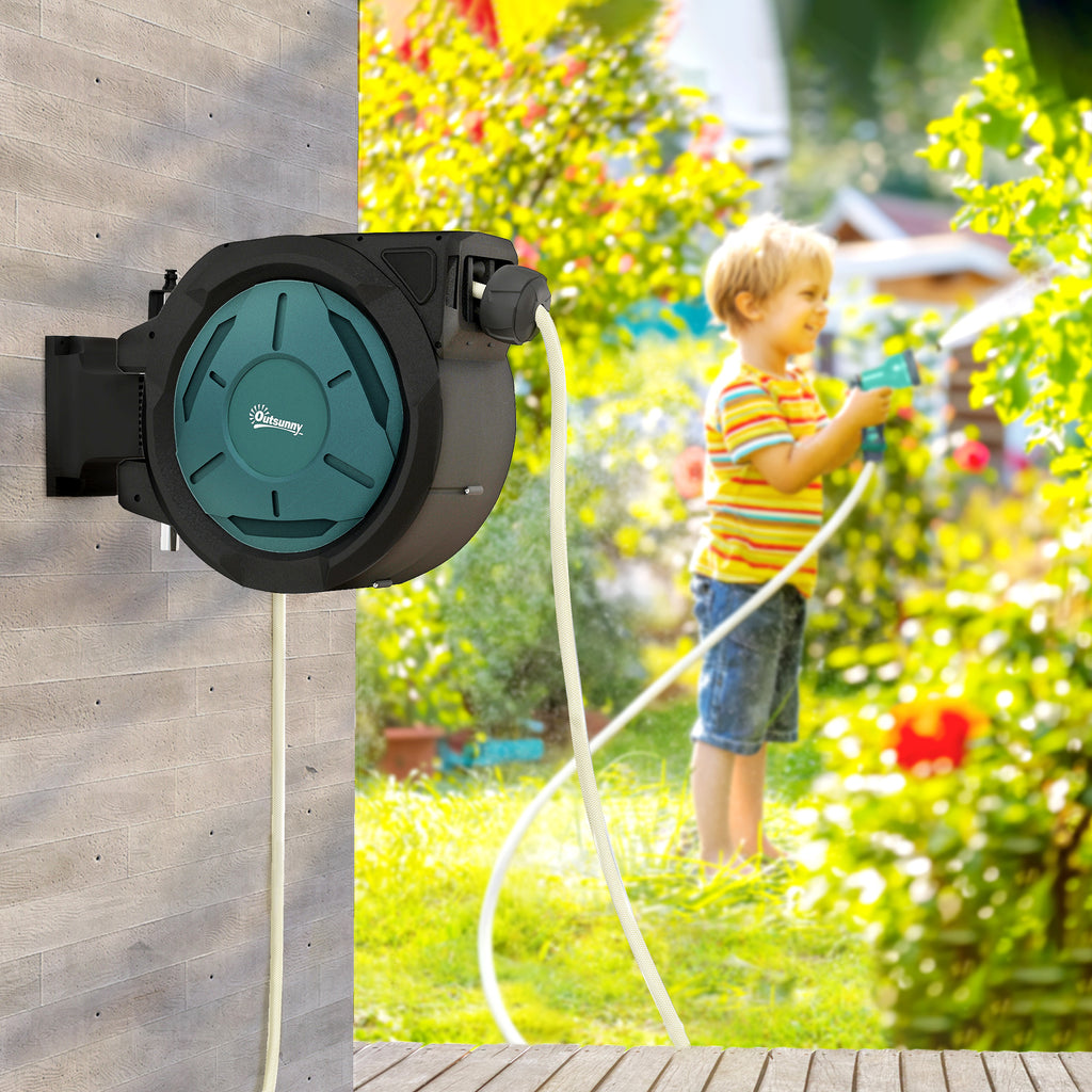 1/2 in x 65ft Wall Mounted Garden Hose Reel, Retractable Water Hose Reel with Auto Rewind, Any Length Lock, Blue