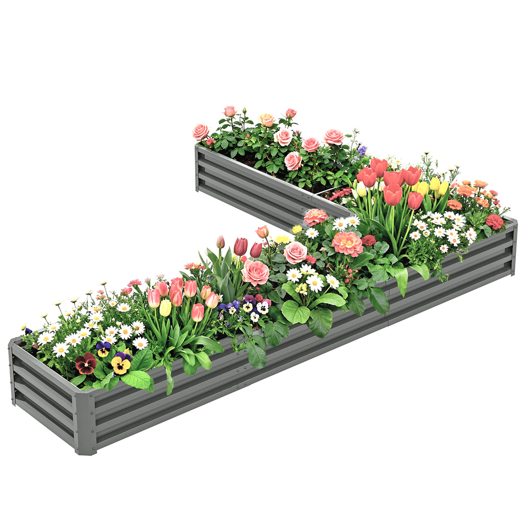 L-Shaped Raised Garden Bed, 82" x 109" x 12" Galvanized Steel Planter Box with Multi-reinforced Rods for Vegetables, Flowers and Herbs, Light Grey