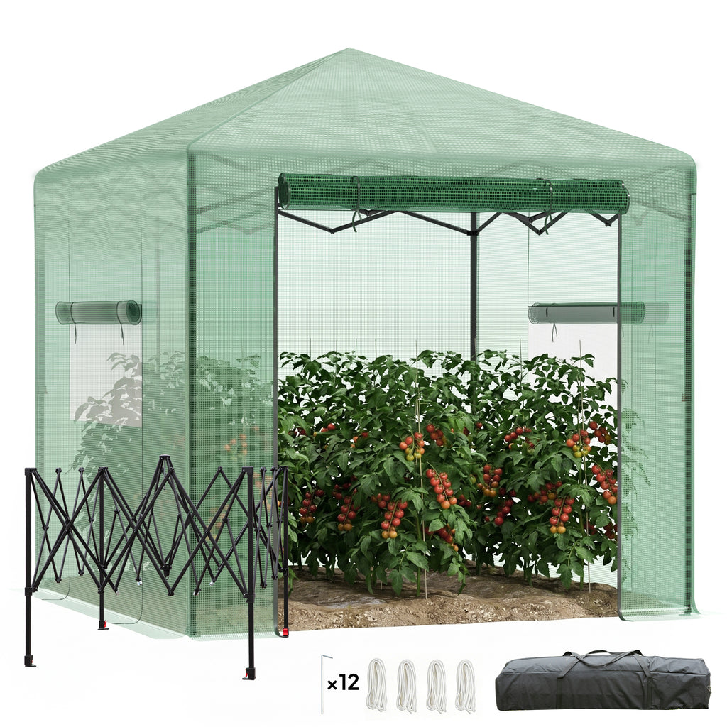 Portable Pop Up Greenhouse, Outdoor Walk-in Hot House with Roll-up Door & 2 Windows, 8' x 6' , Green