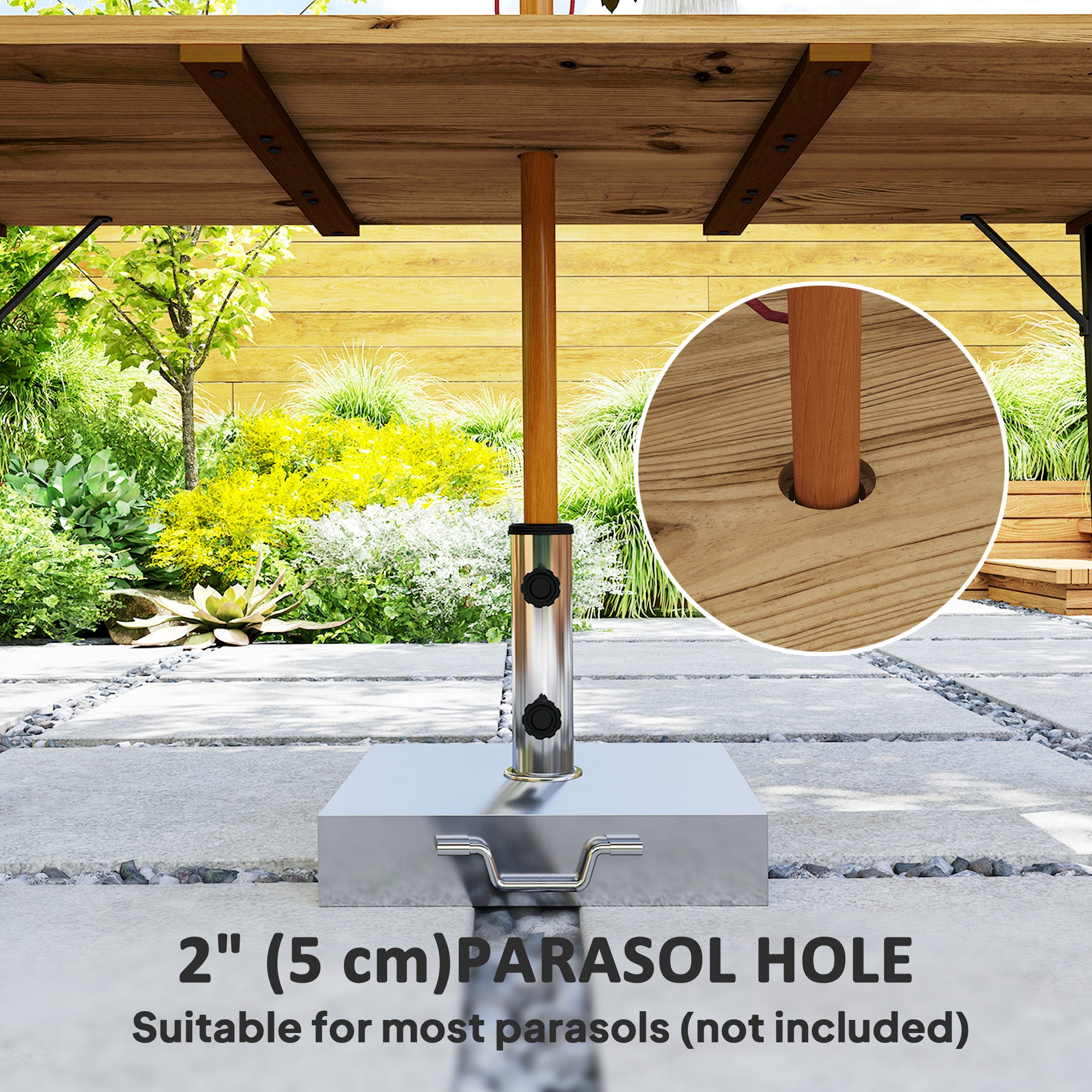 Wooden Outdoor Dining Table for 6 with 2" Umbrella Hole, Slatted Tabletop, Metal Frame, for Yard, Deck, Lawn