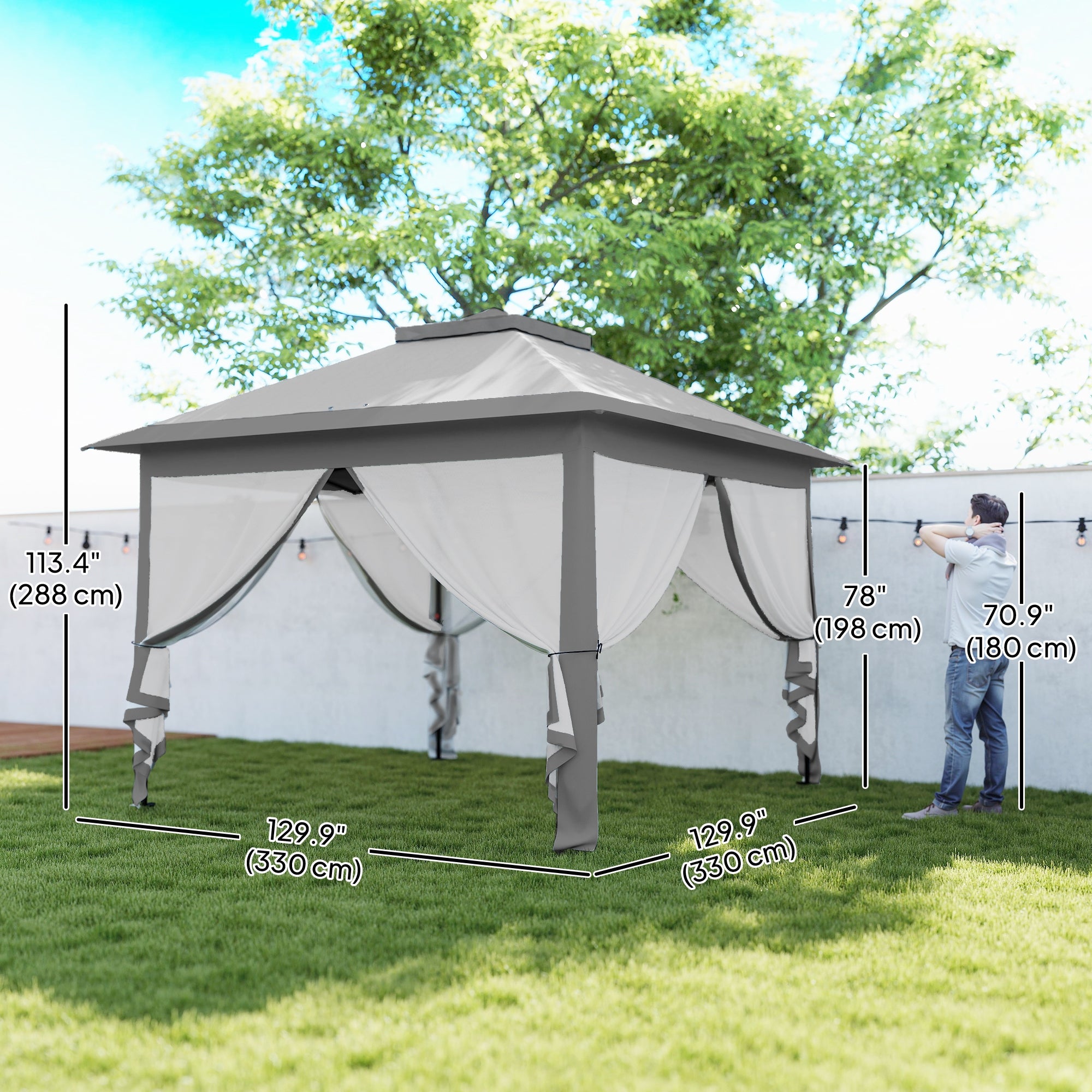 11' x 11' Pop Up Gazebo, Double Roof Foldable Height Adjustable Canopy Tent with Mesh Sidewalls, Carrying Bag, Grey