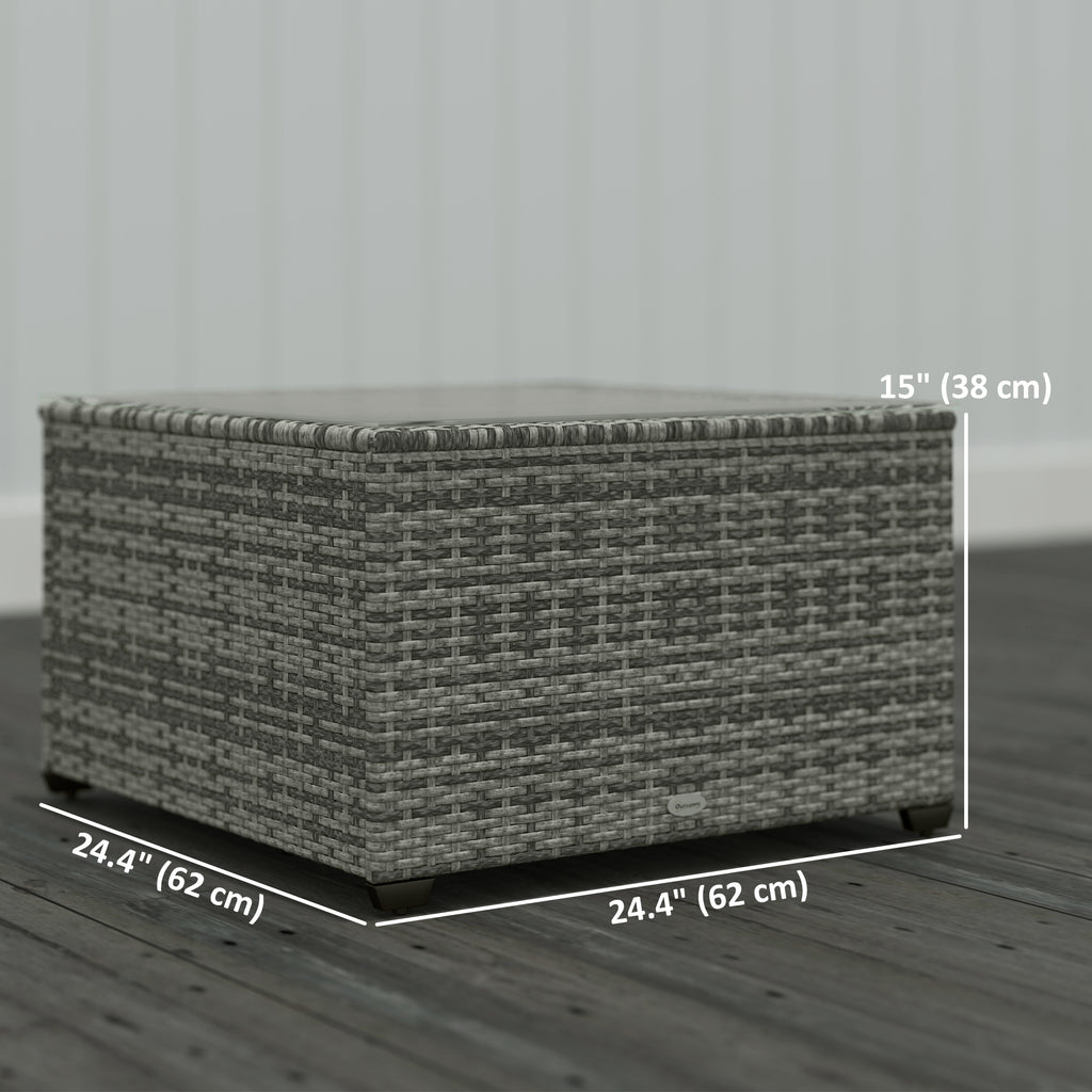 24.4" Patio Wicker Coffee Table, PE Rattan Outdoor Side Table with Tempered Glass Top, Light Grey