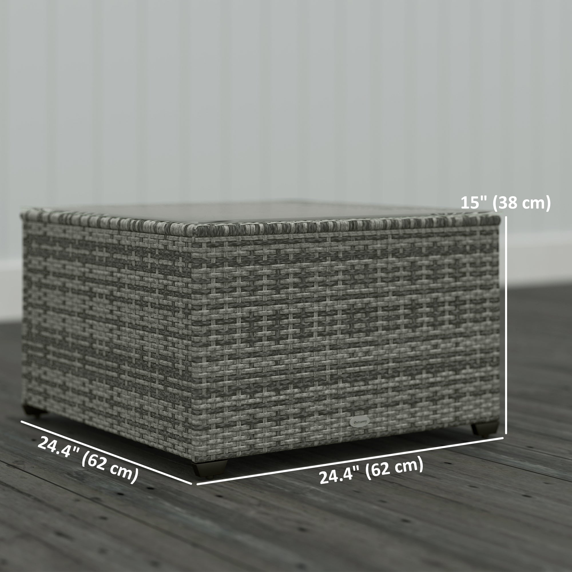 24.4" Patio Wicker Coffee Table, PE Rattan Outdoor Side Table with Tempered Glass Top, Light Grey