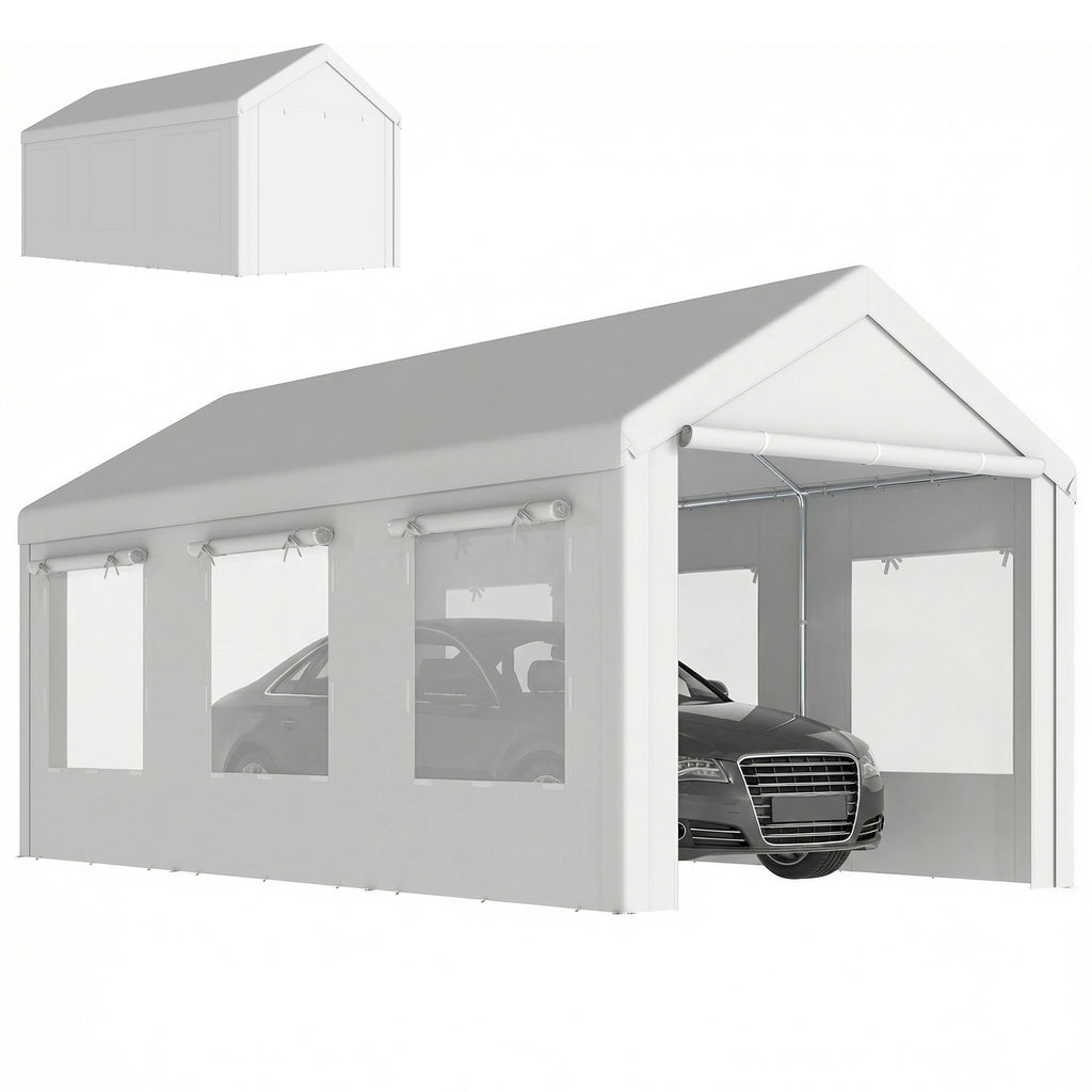 10' x 20' Heavy Duty Carport, Height Adjustable Portable Garage Car Canopy Tent Shelter with Doors, Windows, White