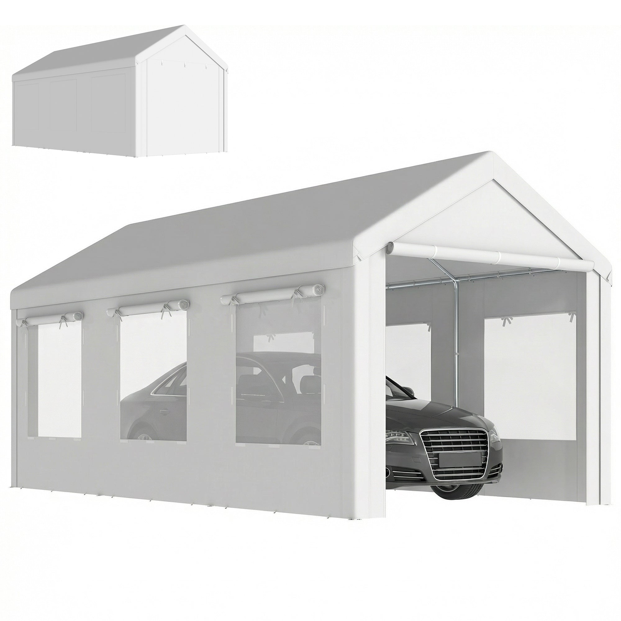 10' x 20' Heavy Duty Carport, Height Adjustable Portable Garage Car Canopy Tent Shelter with Doors, Windows, White
