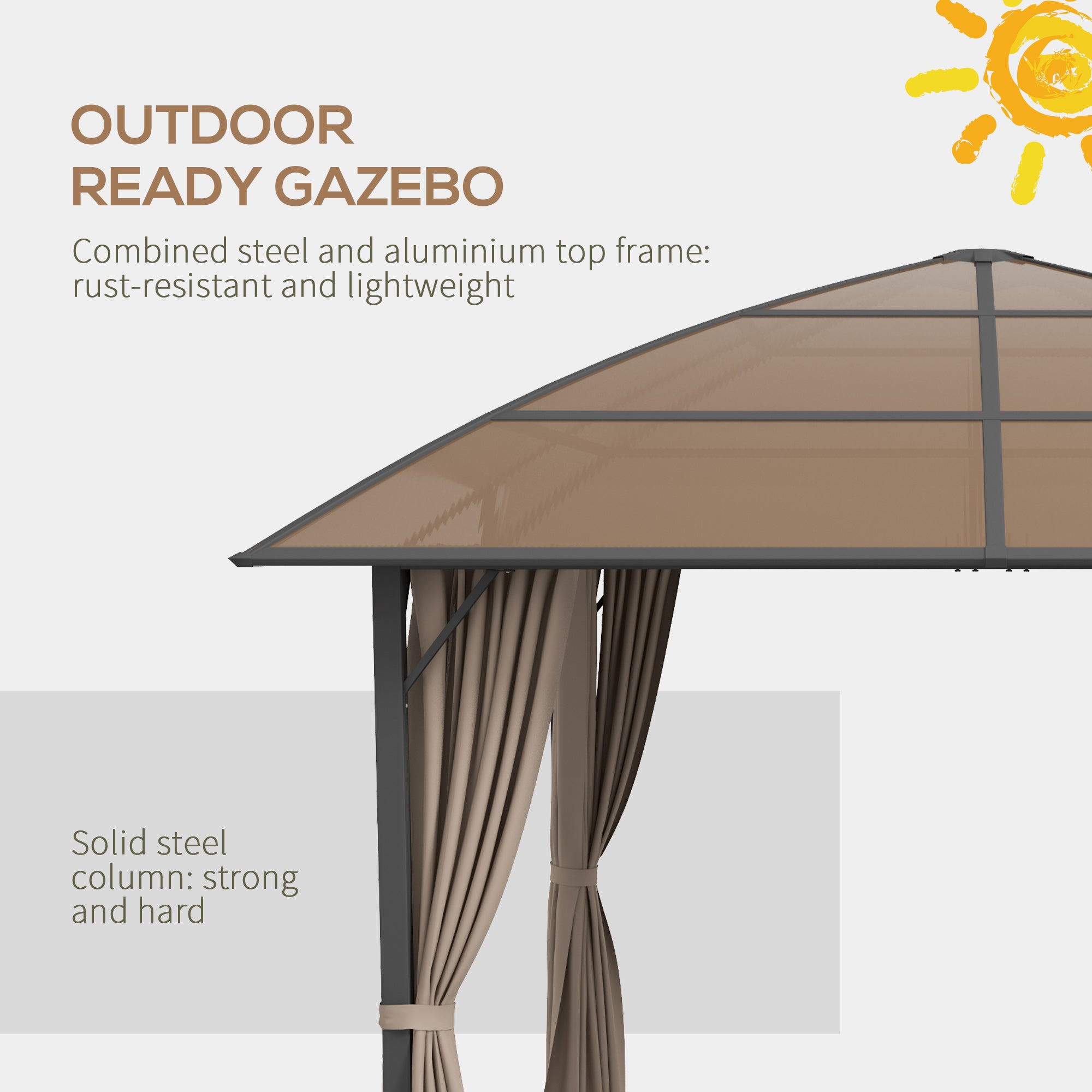 10' x 10' Outdoor Hardtop Gazebo Canopy withÂ UV60+ Polycarbonate Roof, Steel Frame, Central Hook,Â Curtains, Khaki