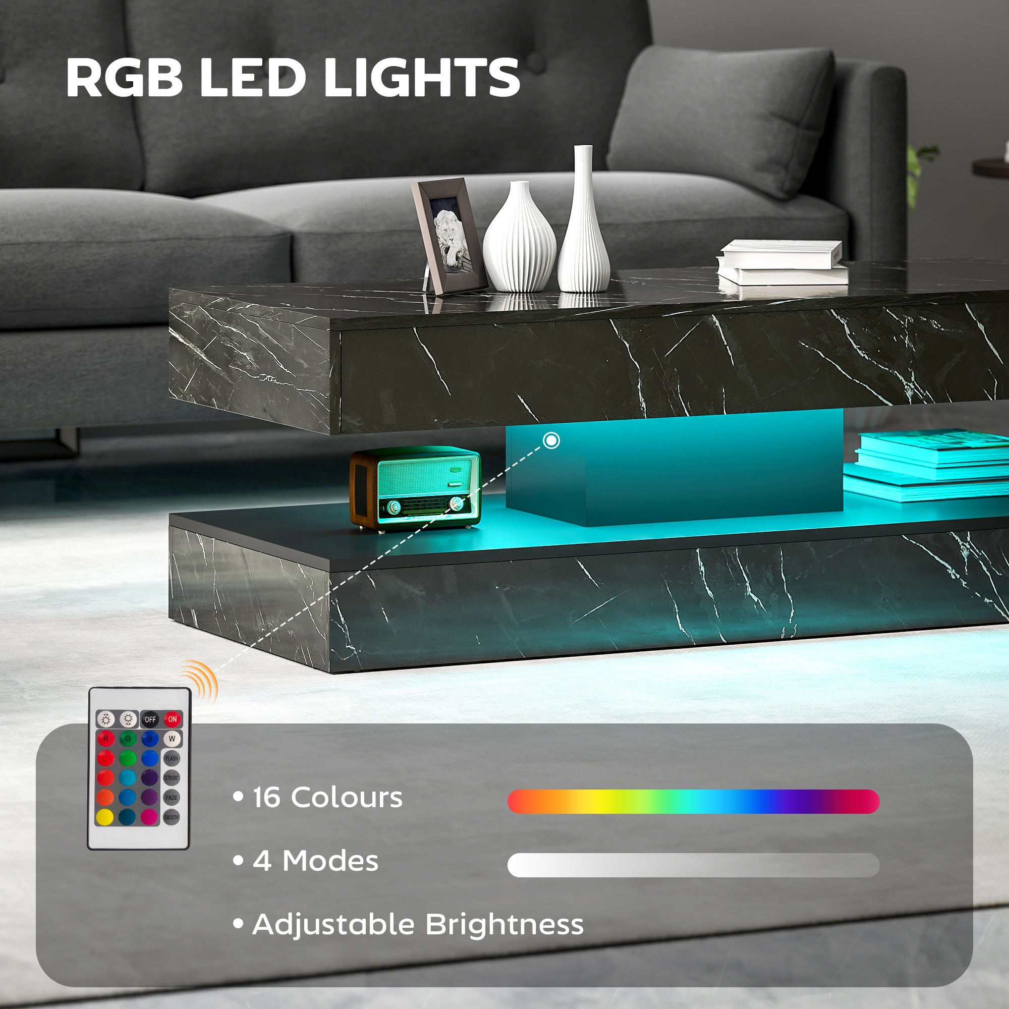 Coffee Table with Adjustable LED Lights, Center Table with 2 Drawers, Open Shelf, Remote, High Gloss Marble-Effect Black
