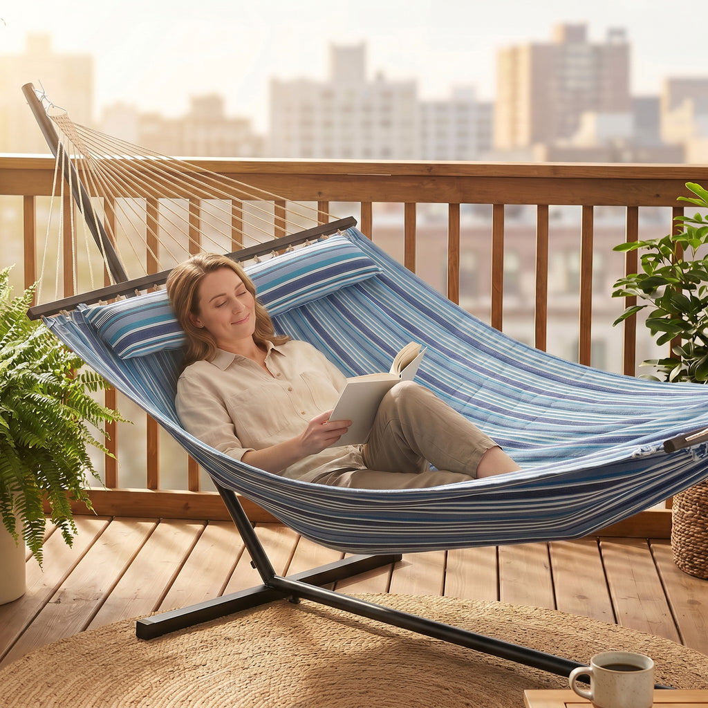 Hammock with Stand Heavy Duty Camping Hammock with Steel Frame for Patio Backyard Blue and White