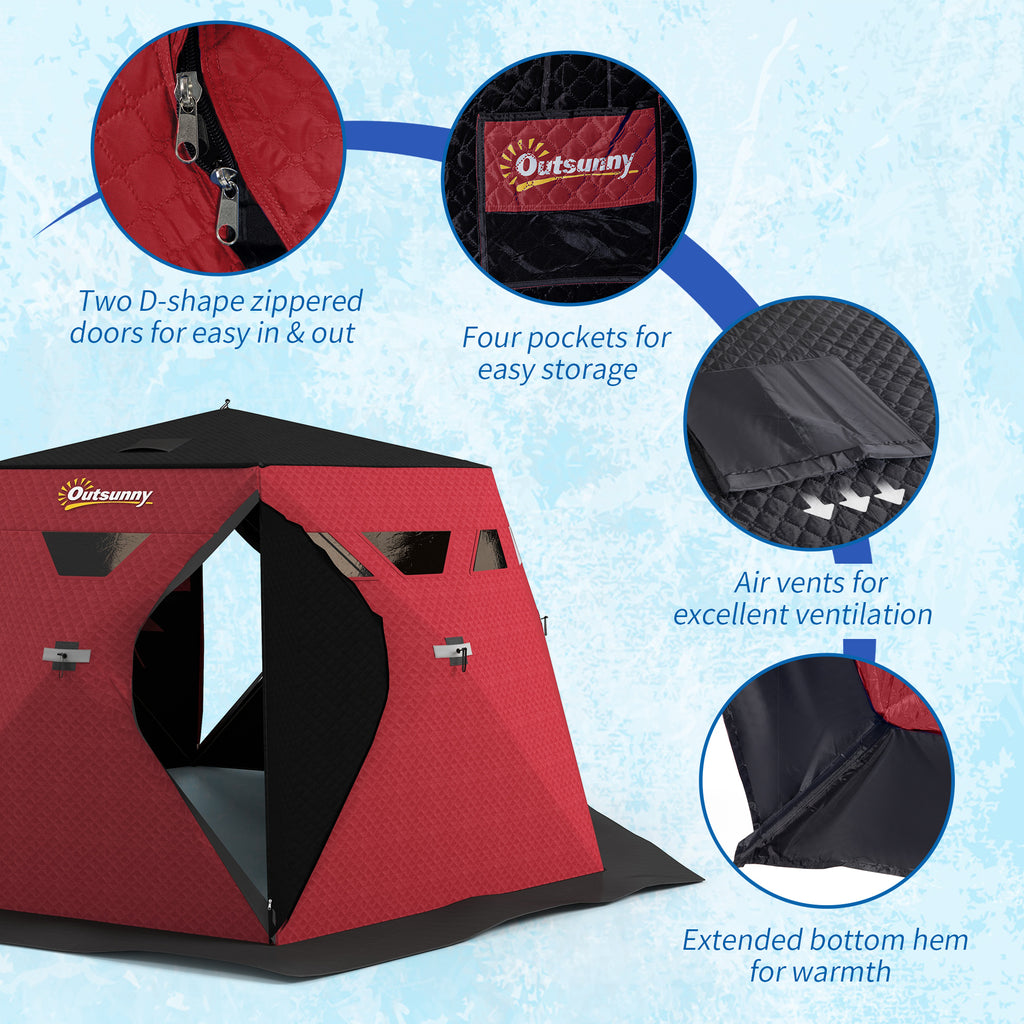 4 Person Insulated Ice Fishing Shelter, Pop-Up Portable Ice Fishing Tent with Carry Bag and Two Doors for -22â„‰, Red