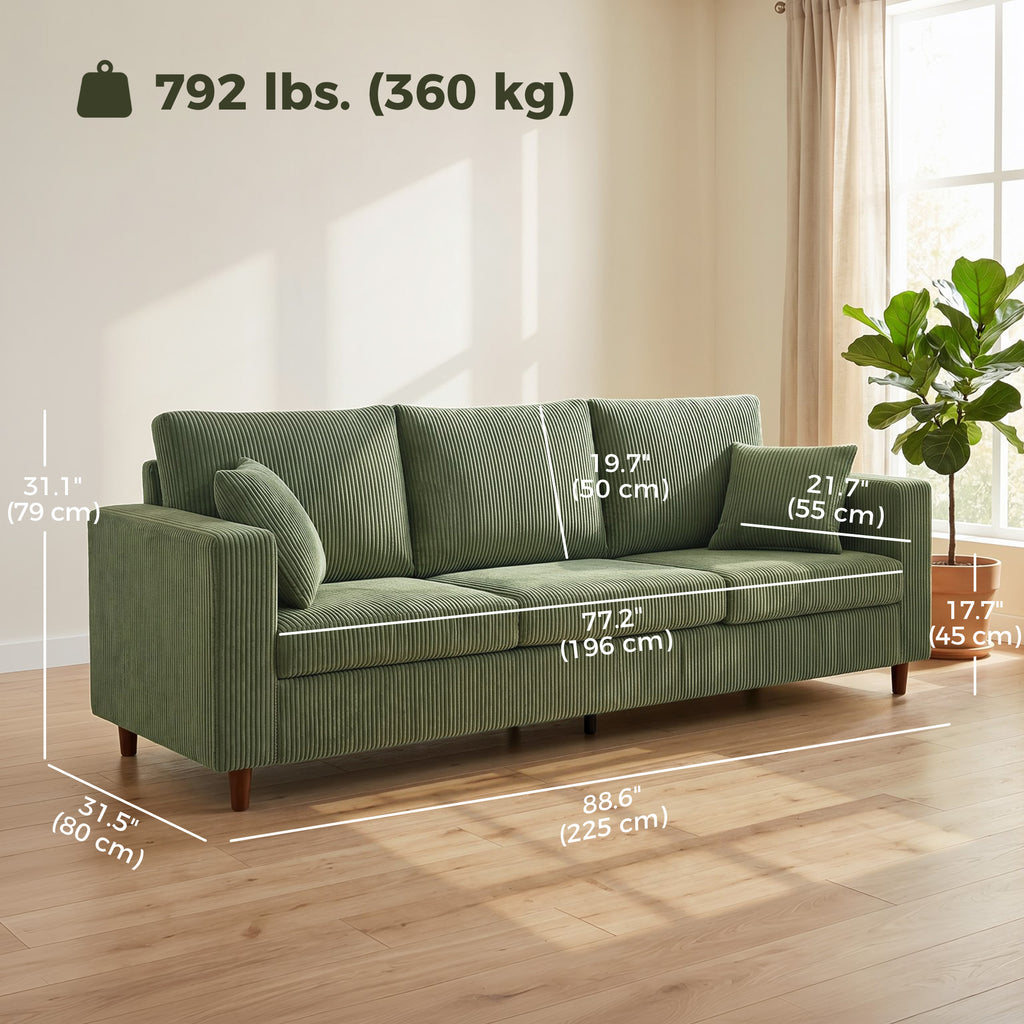 3 Seater Sofa with Wide Seat, Corduroy Couch with Deep Seat, Spring Cushion, Green