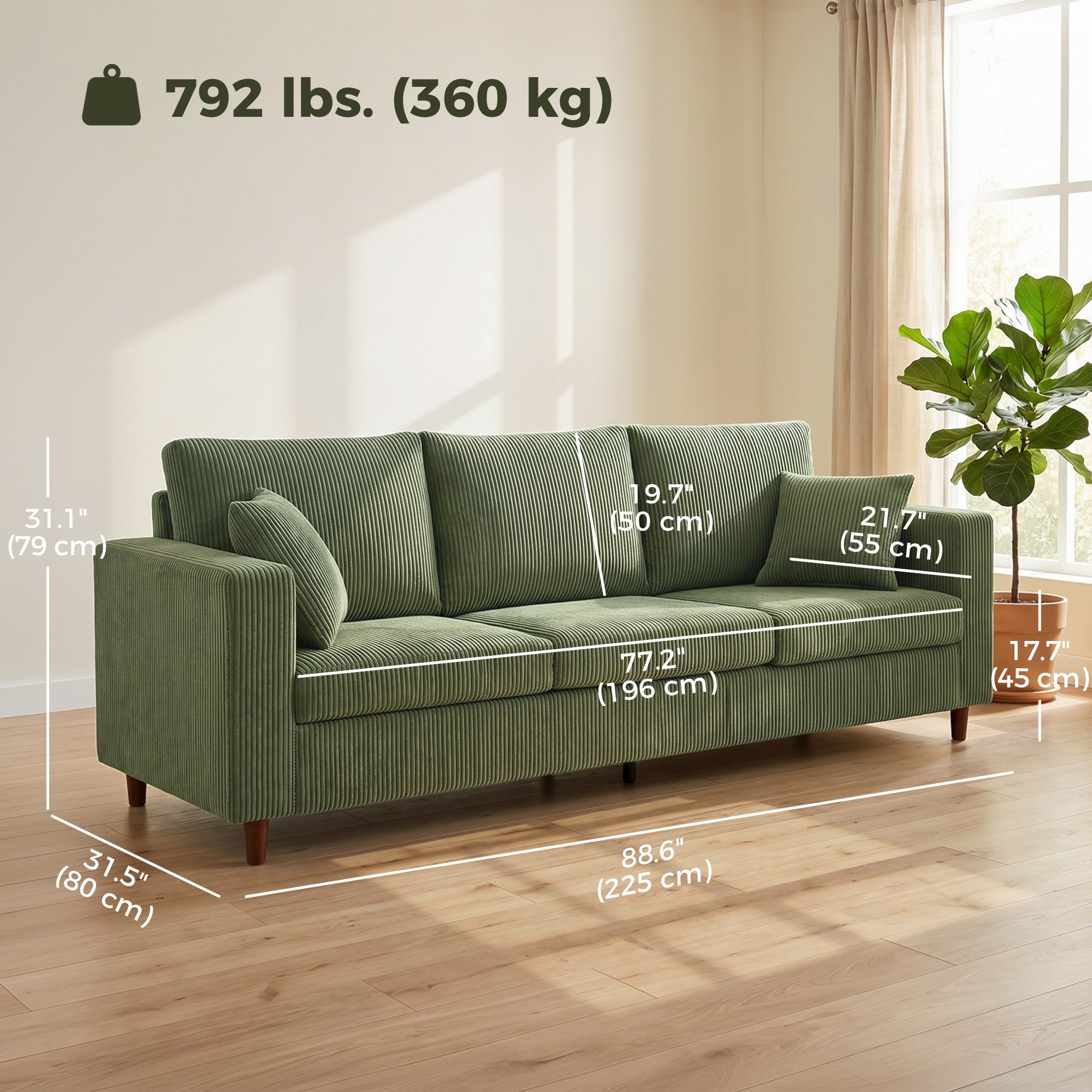 3 Seater Sofa with Wide Seat, Corduroy Couch with Deep Seat, Spring Cushion, Green