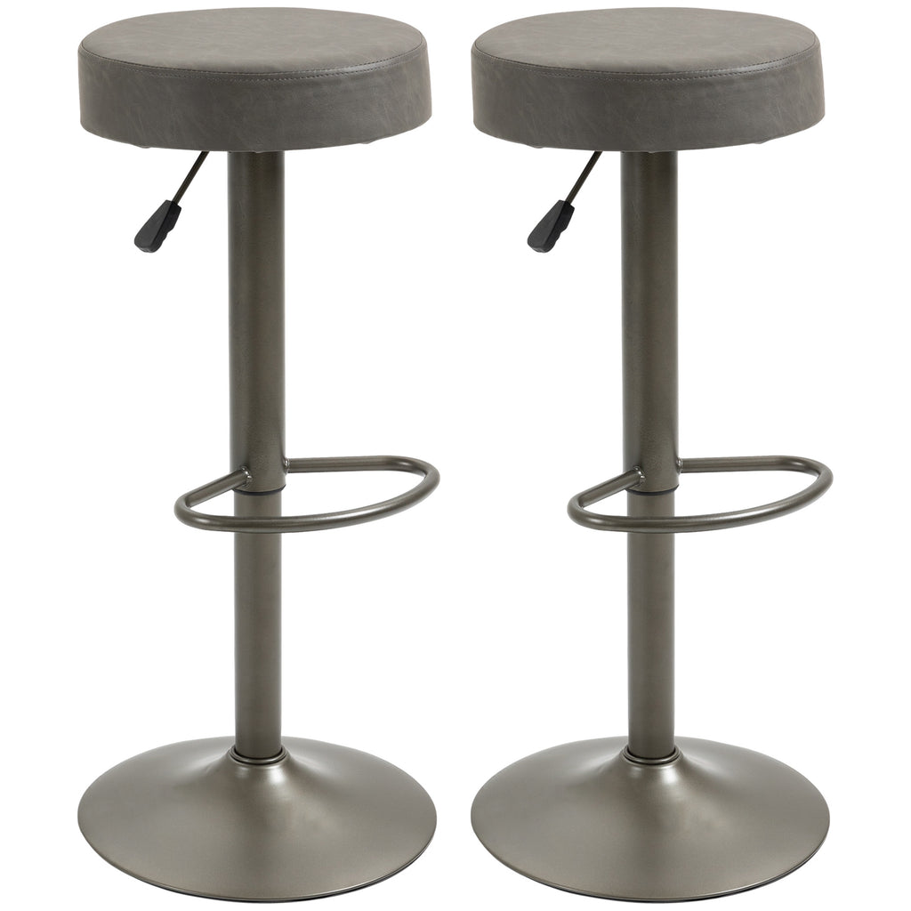 Modern Adjustable Bar Stools Set of 2, Swivel Barstool with Footrest, PU Leather Round Top for Kitchen, Dark Grey