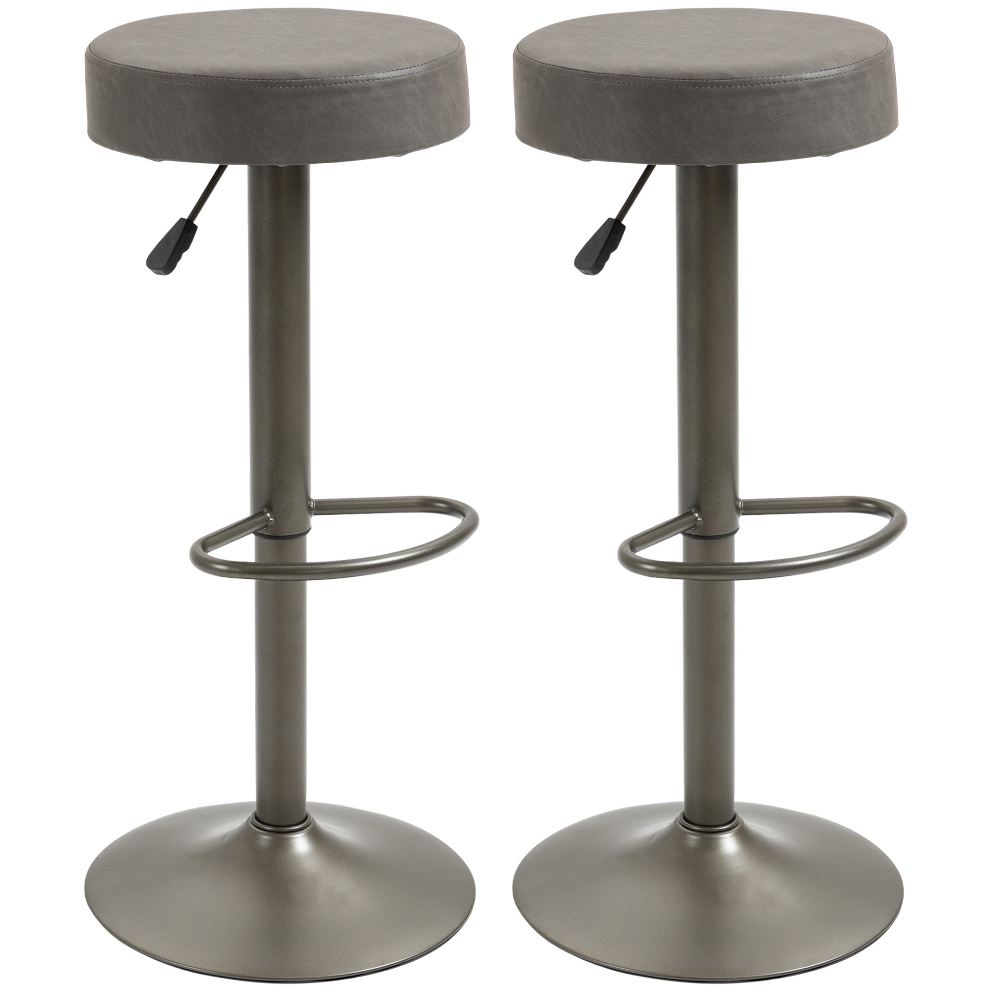 Modern Adjustable Bar Stools Set of 2, Swivel Barstool with Footrest, PU Leather Round Top for Kitchen, Dark Grey