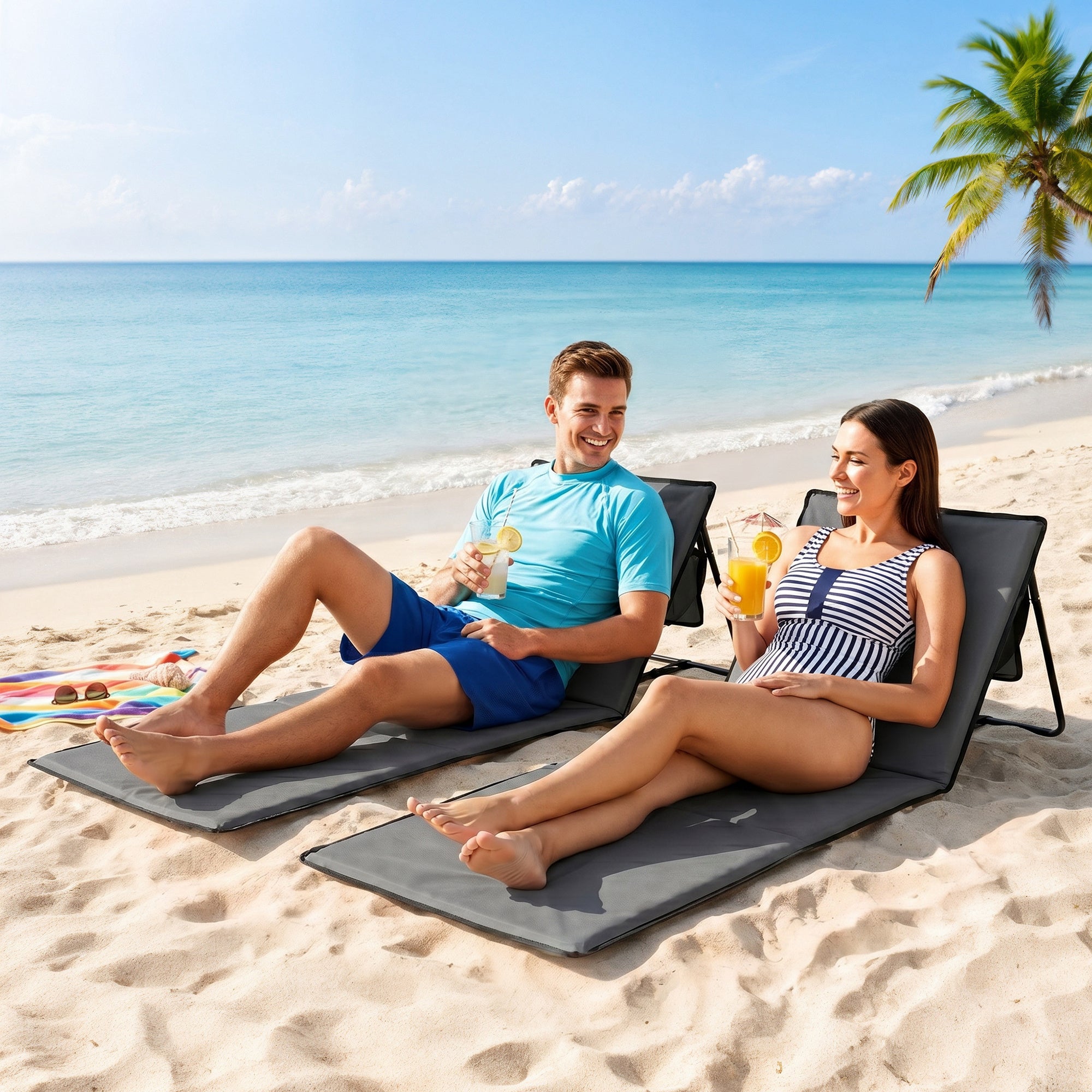Set of 2 Foldable Lounge Chairs with Carry Strap, Adjustable Backrest, Grey