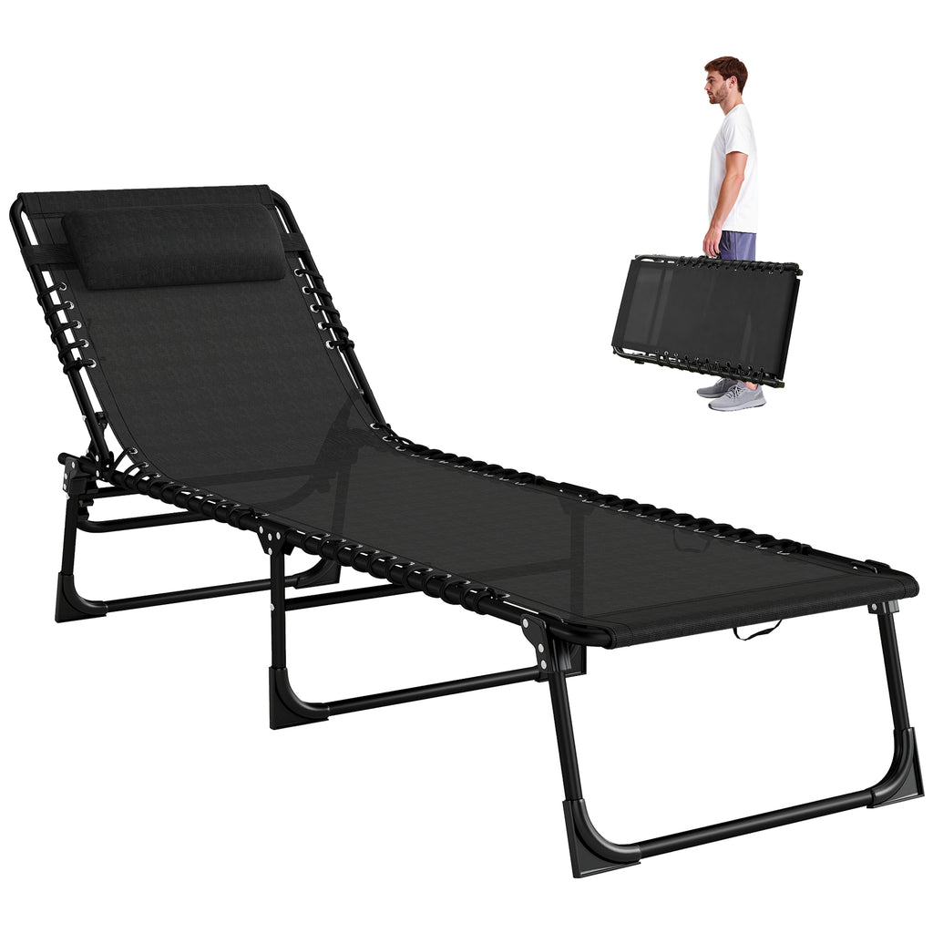 Outdoor Folding Lounge Chair, 4-Level Adjustable Chaise Lounge with Headrest, Tanning Chair Beach Bed Reclining Lounger Cot for Camping, Hiking, Backyard, Black