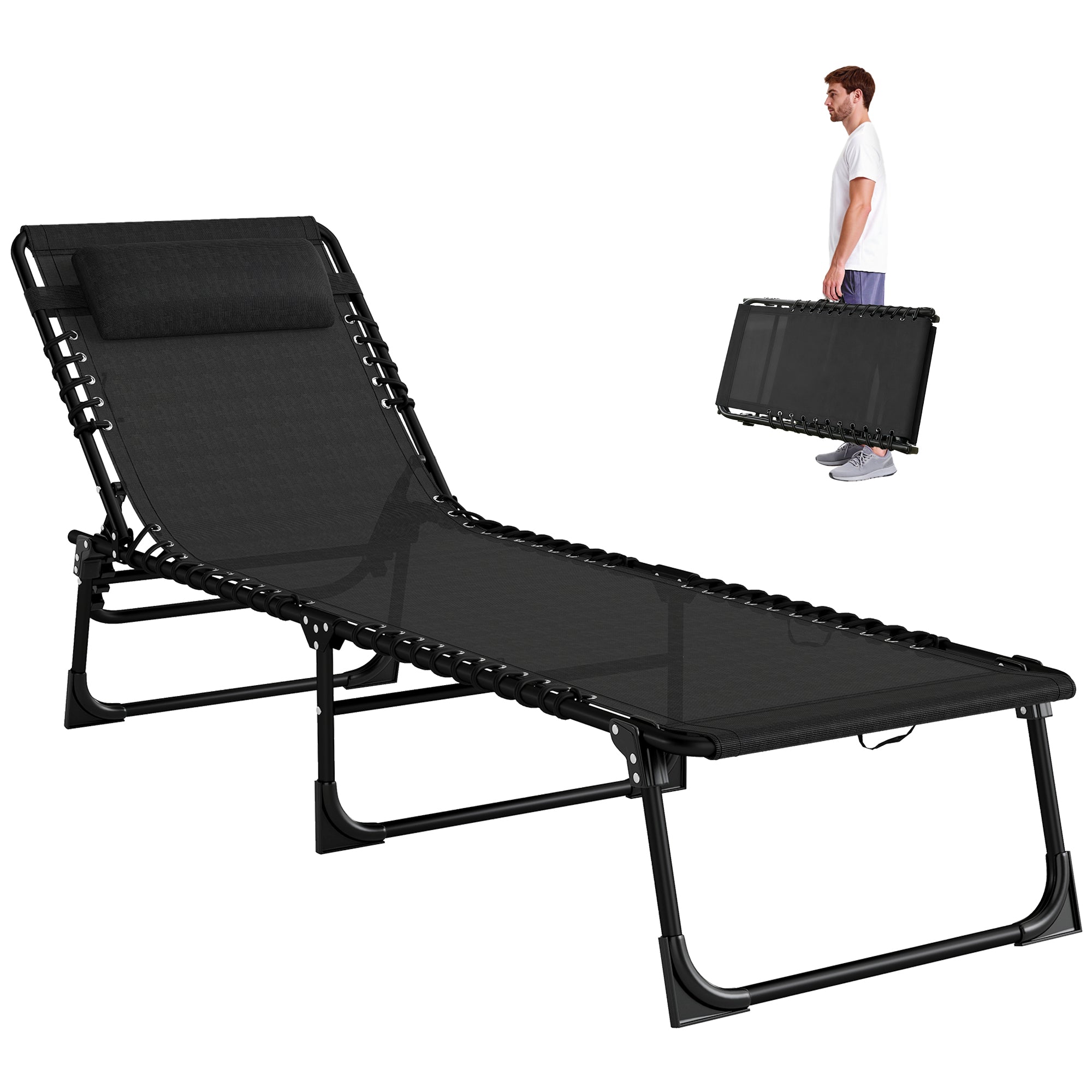 Outdoor Folding Lounge Chair, 4-Level Adjustable Chaise Lounge with Headrest, Tanning Chair Beach Bed Reclining Lounger Cot for Camping, Hiking, Backyard, Black