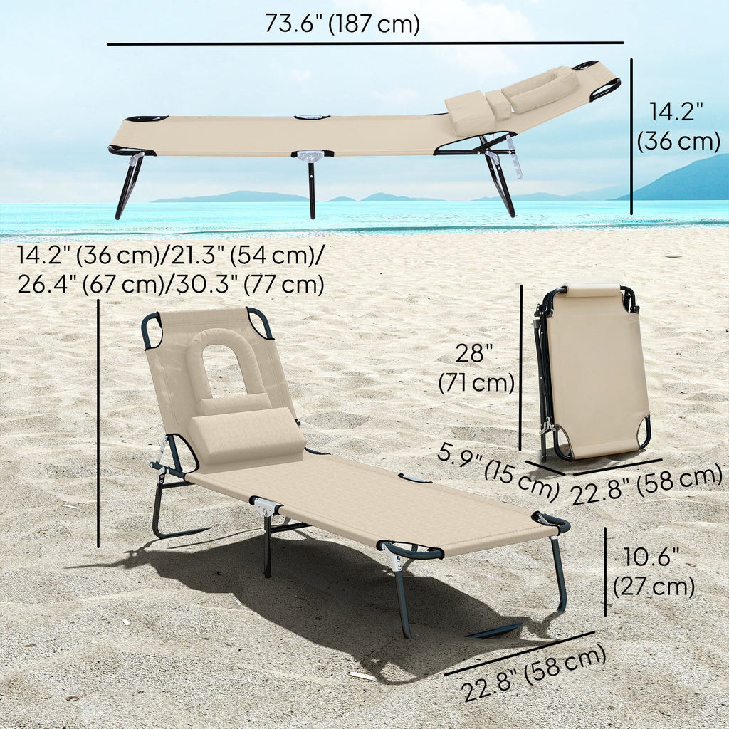 Outdoor Lounge Chair, Garden Folding Chaise Lounge w/ Adjustable Backrest, Face Hole and Support Pillow, Beige