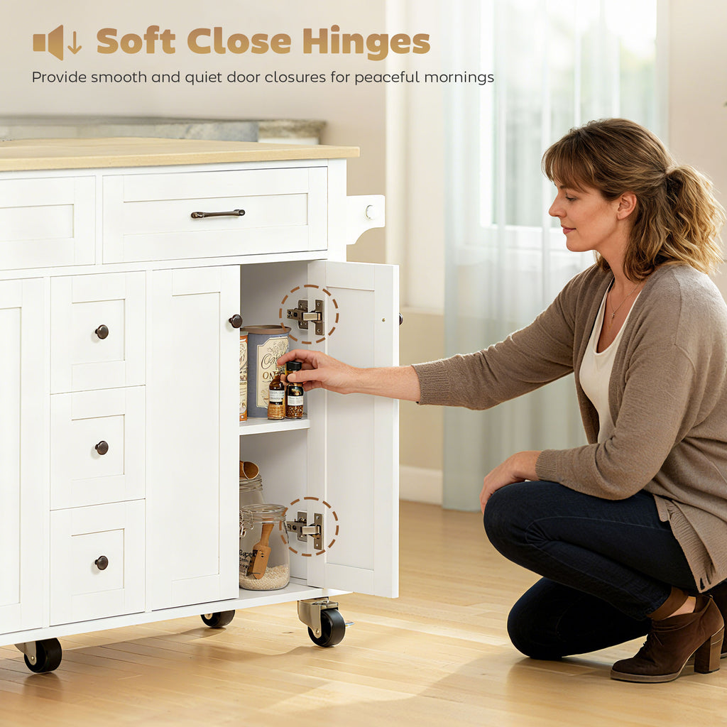 Kitchen Island Cart with Power Outlet & Drop Leaf, 55" Rolling Kitchen Island on Wheels with Storage, White